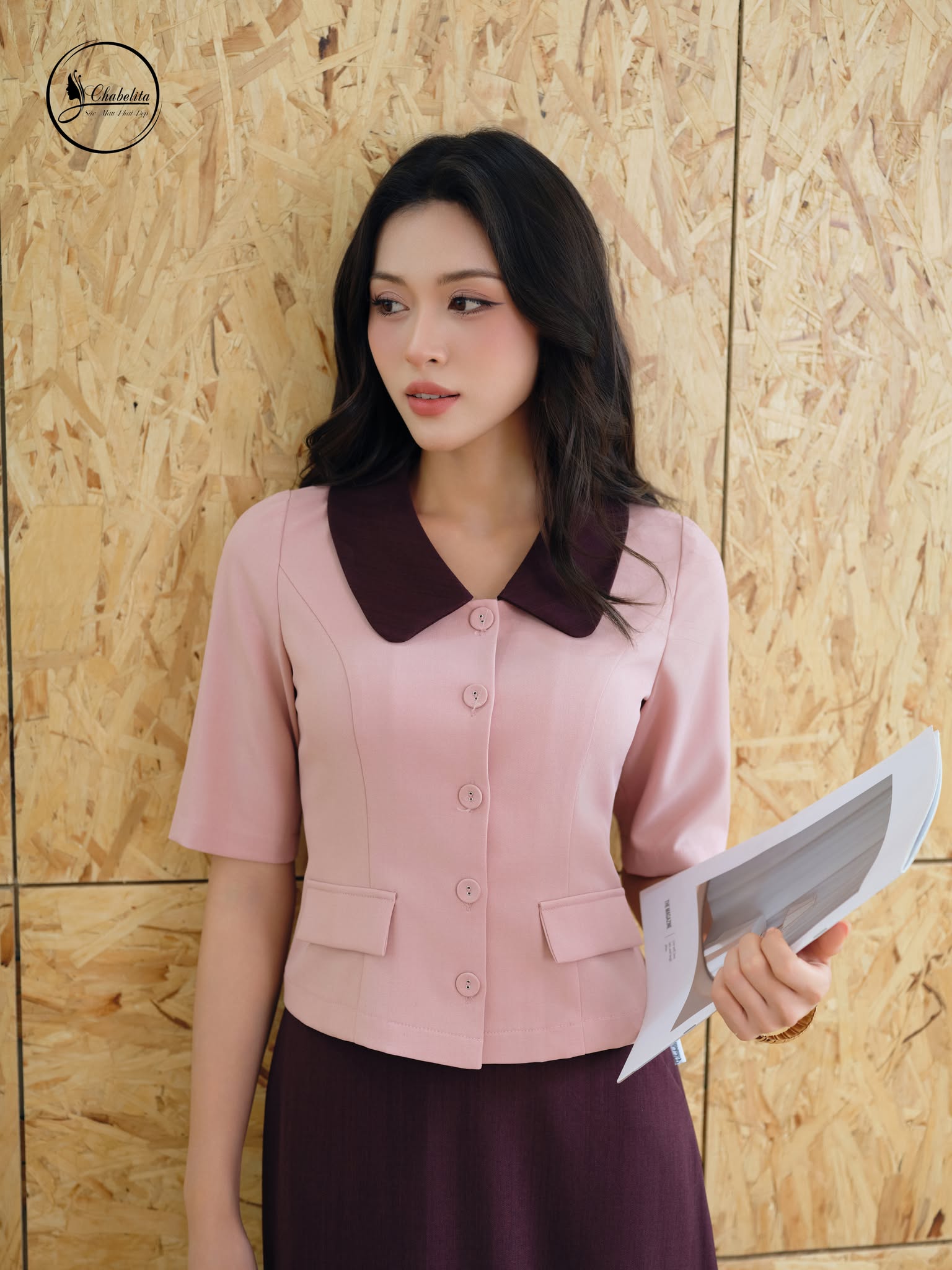 Sét bộ áo tay lỡ cổ phối màu hồng