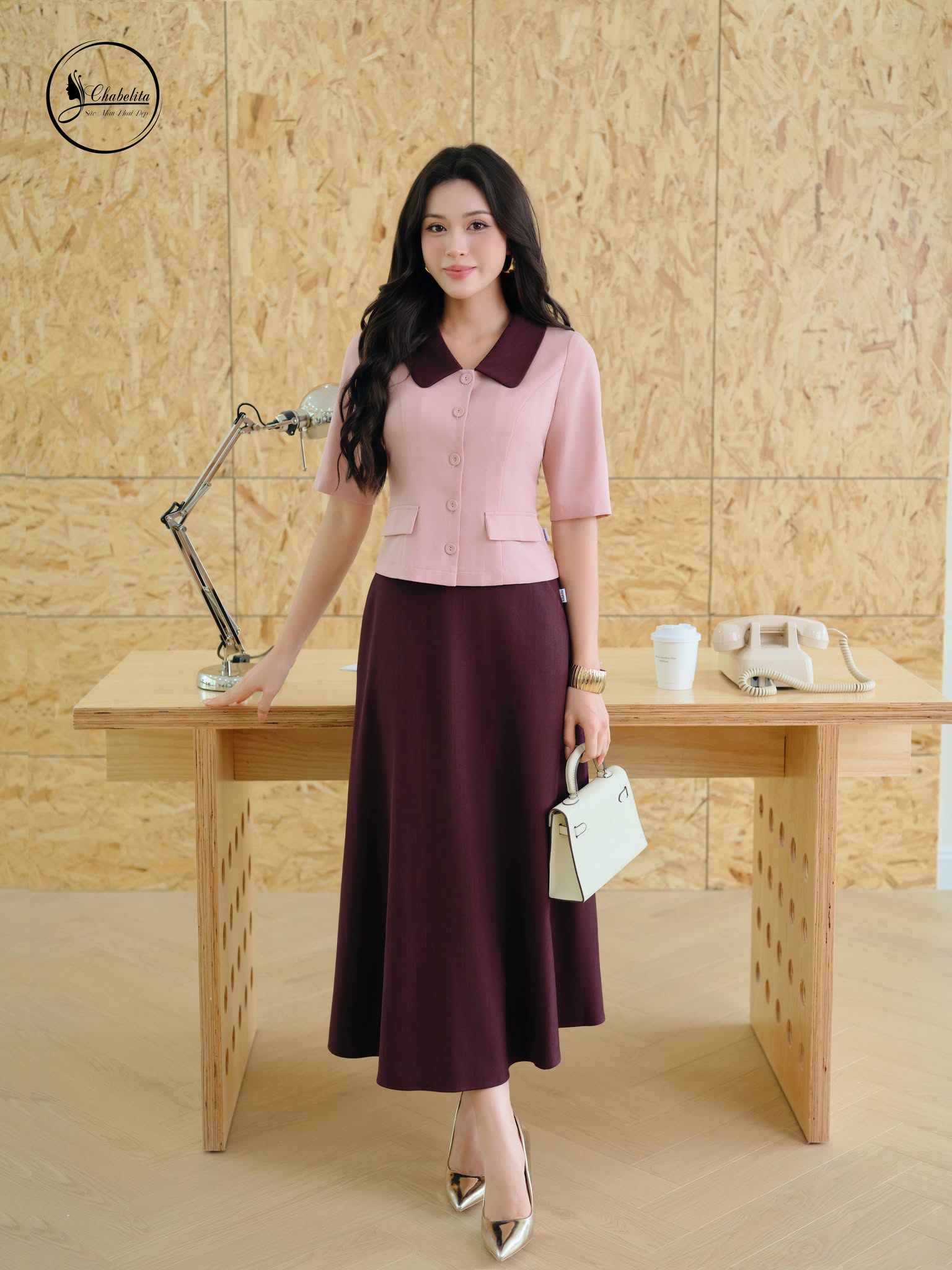 Sét bộ áo tay lỡ cổ phối màu hồng