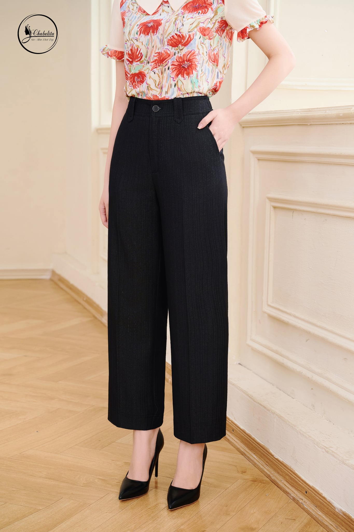 Quần suông cạp chun 1 khuy màu đen