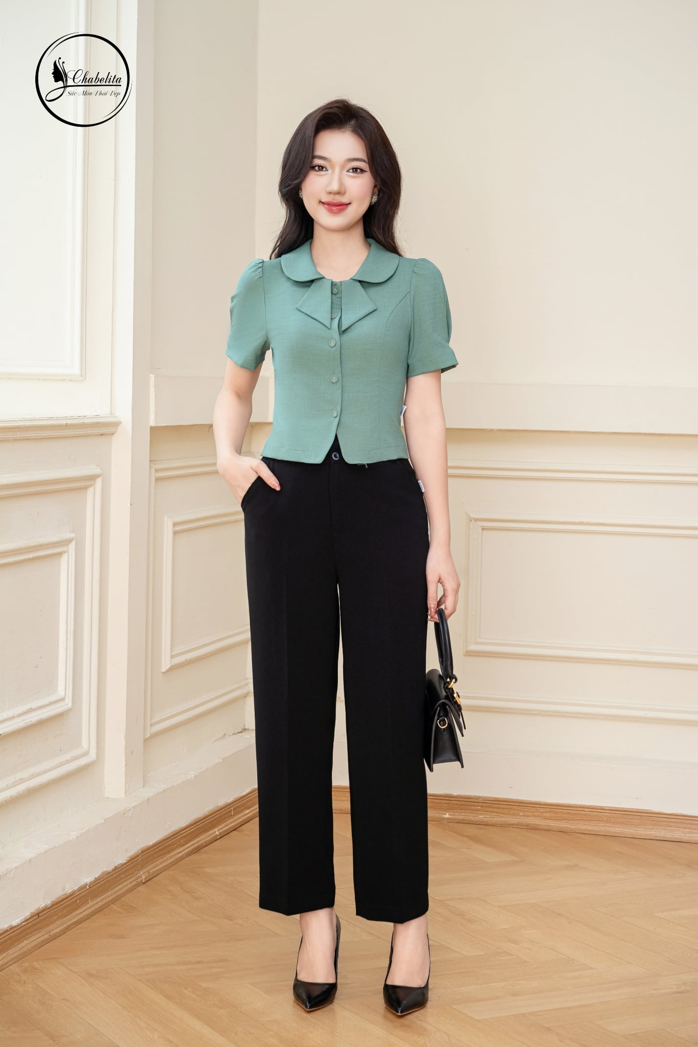 Quần suông cạp 2 khuy màu đen