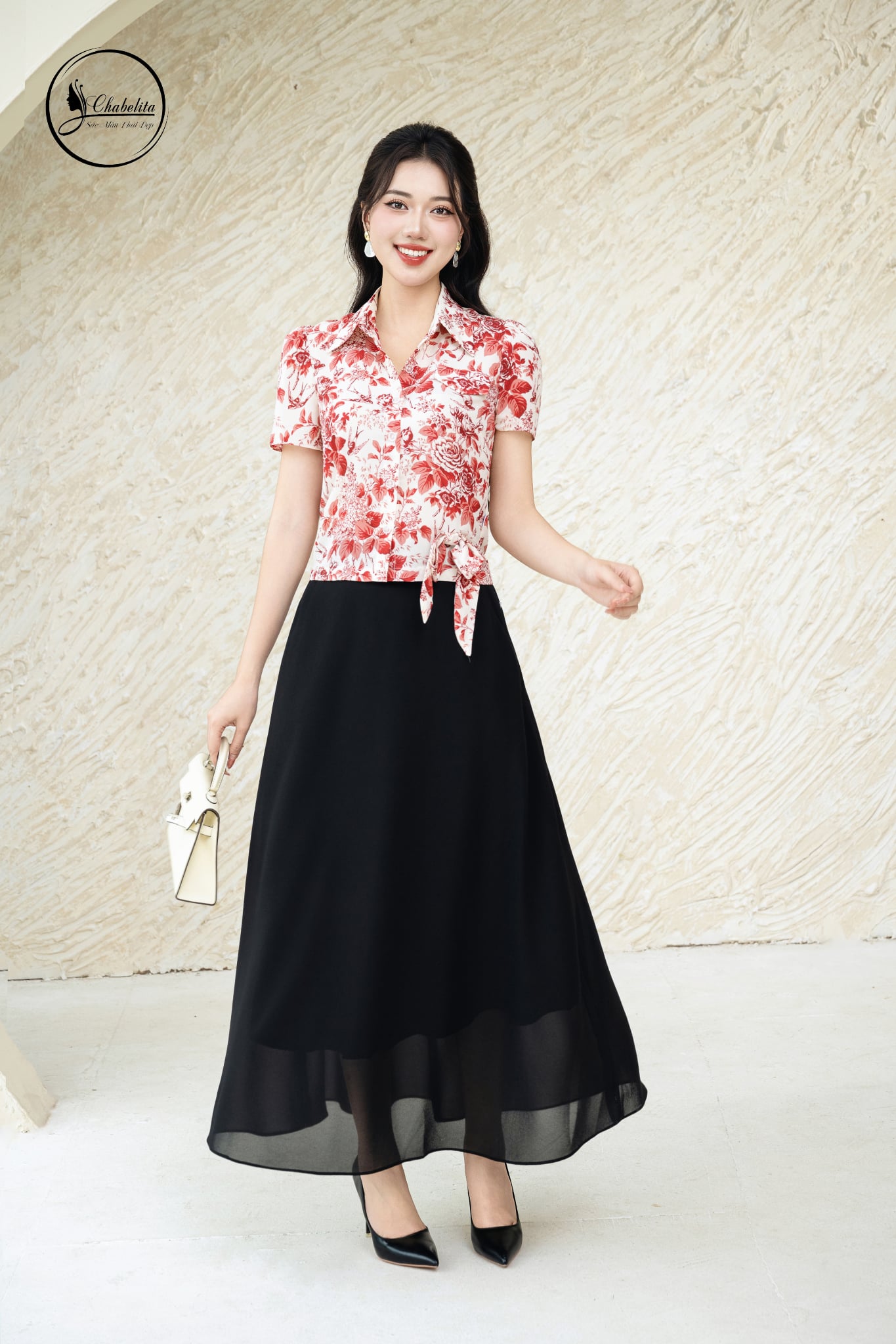 Sơ mi tay lỡ đính nơ hoa hồng