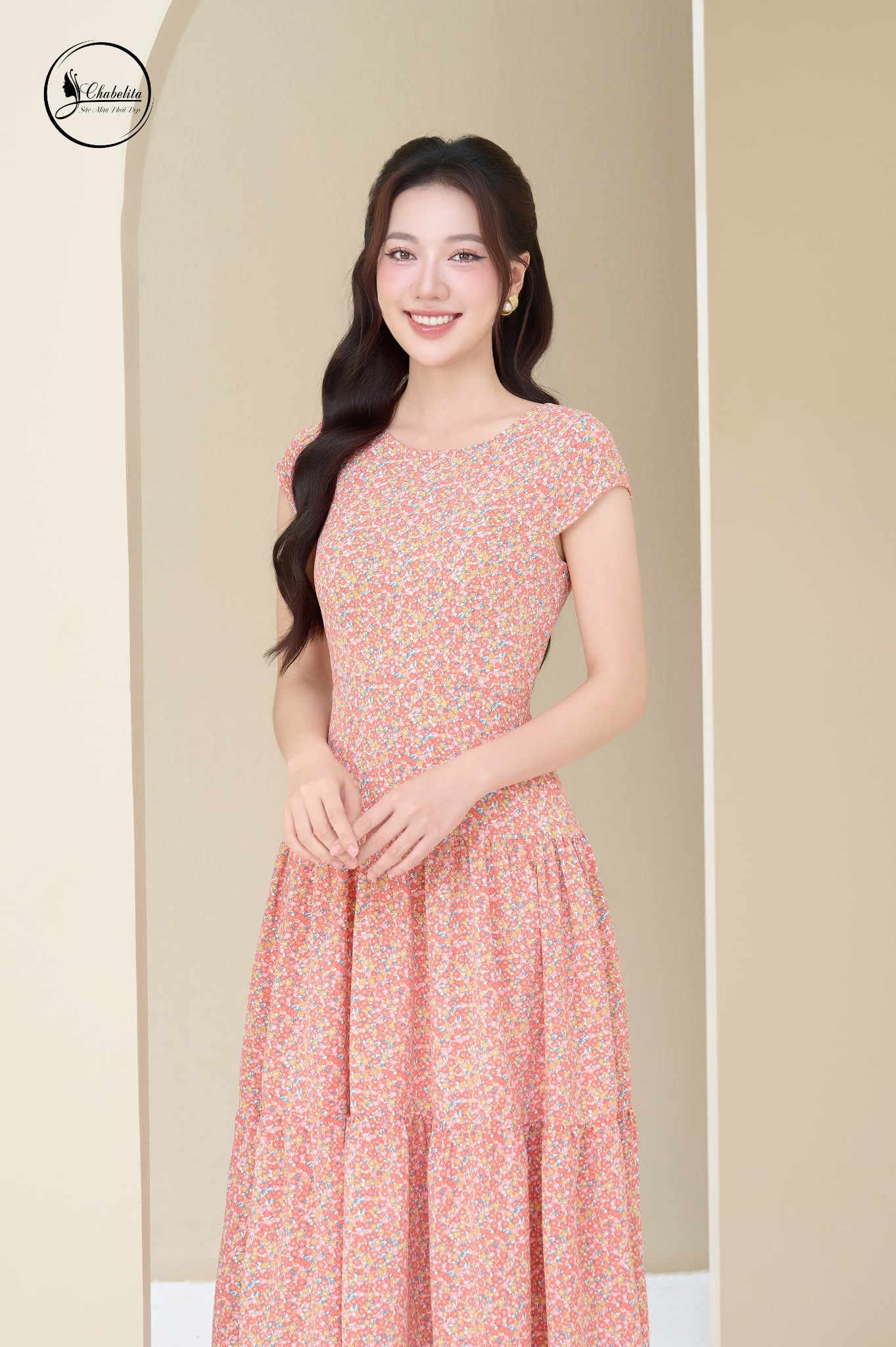 Đầm hoa nhí 3 tầng sát nách màu hồng