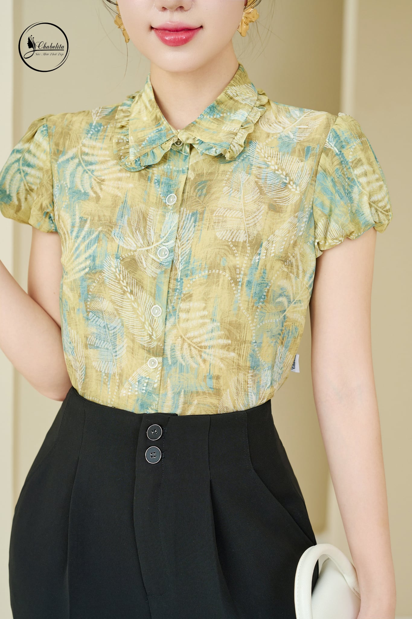 Áo sơ mi cổ đức phối bèo hoa xanh cốm