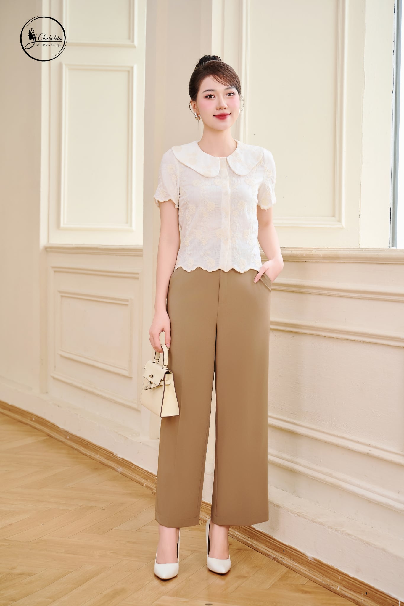 Quần suông cạp cách điệu màu nâu