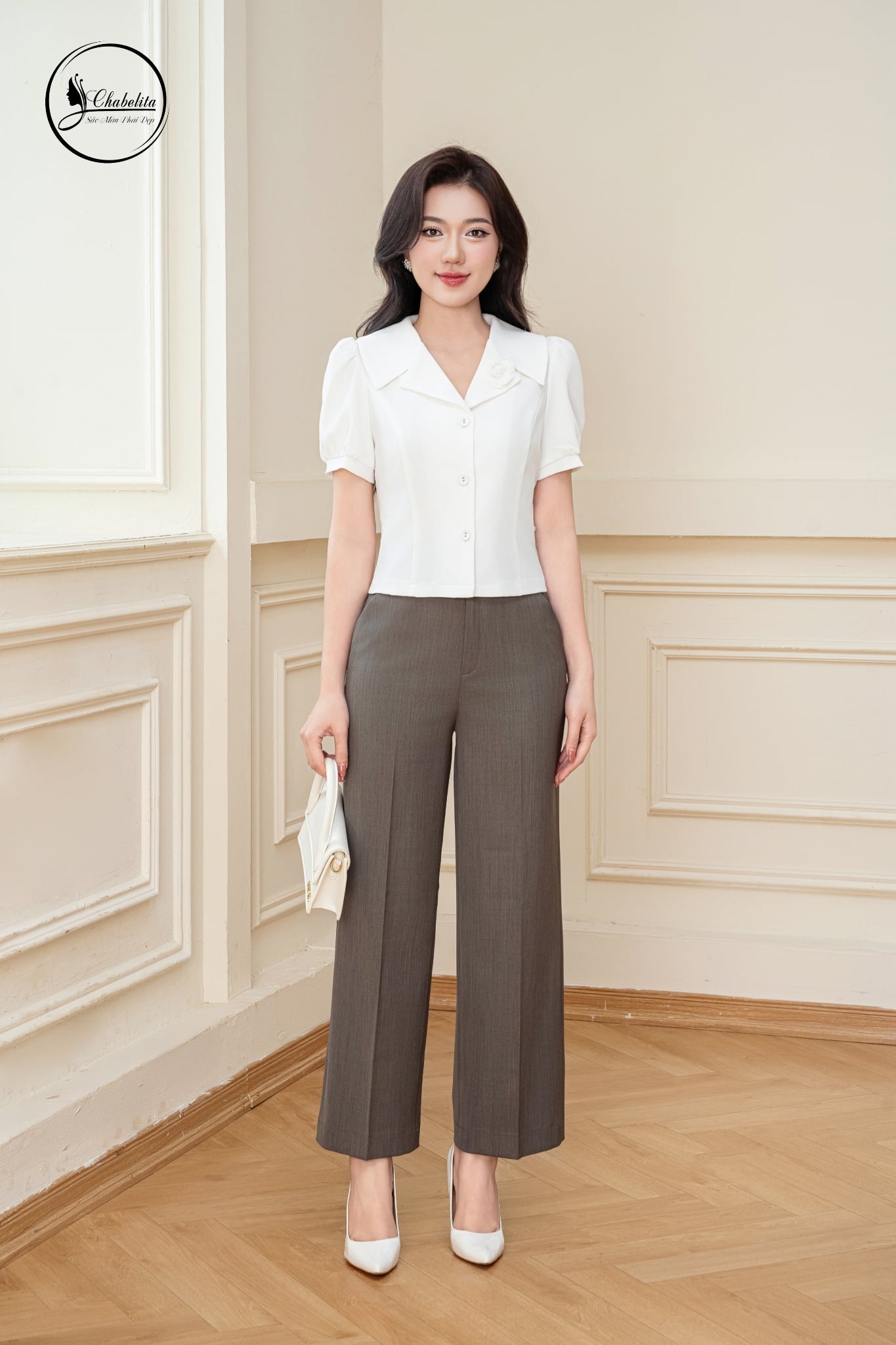 Quần suông cạp cao 2 cúc màu ghi