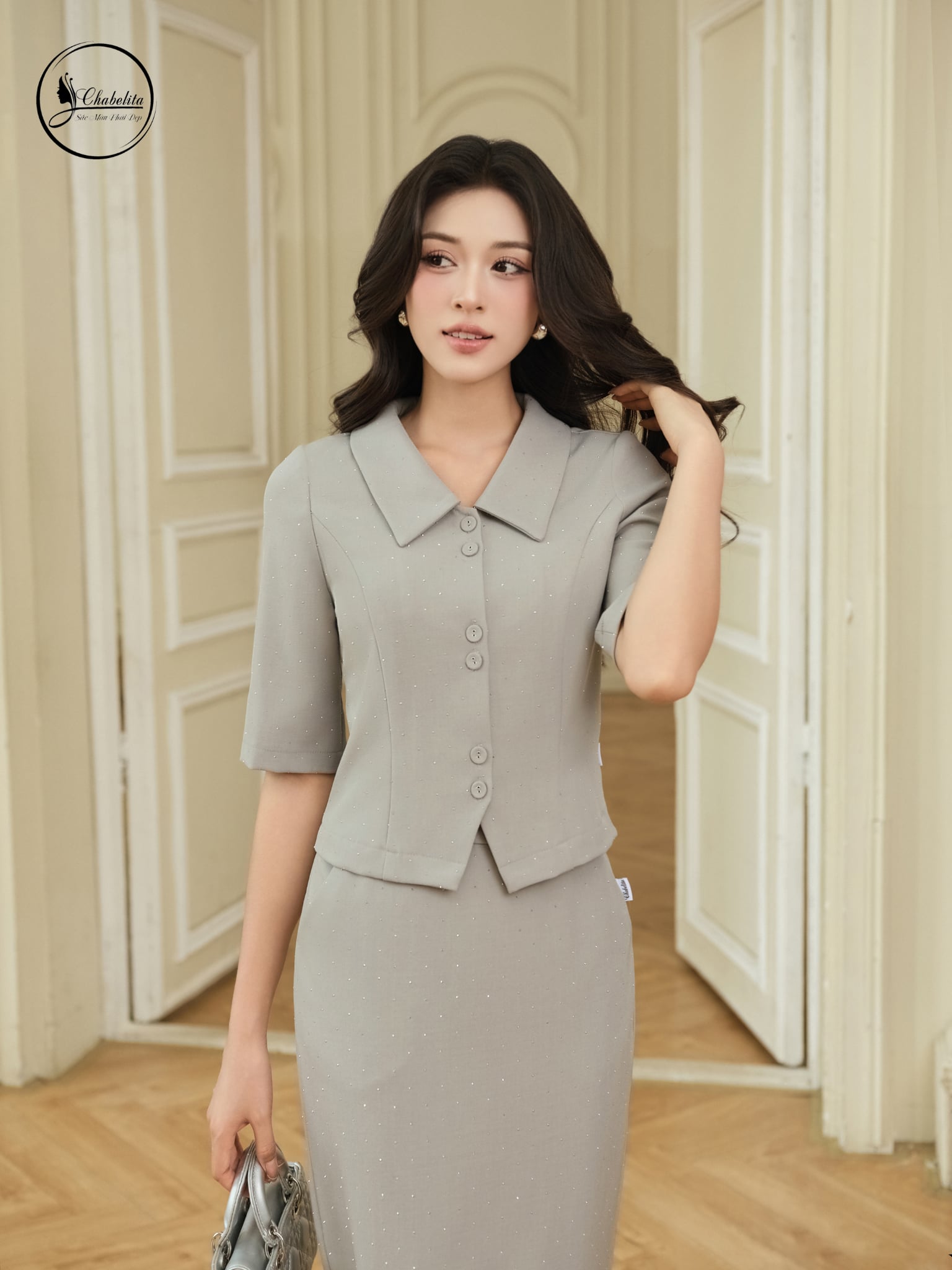 Sét bộ áo tay lỡ phối chân váy ôm màu ghi