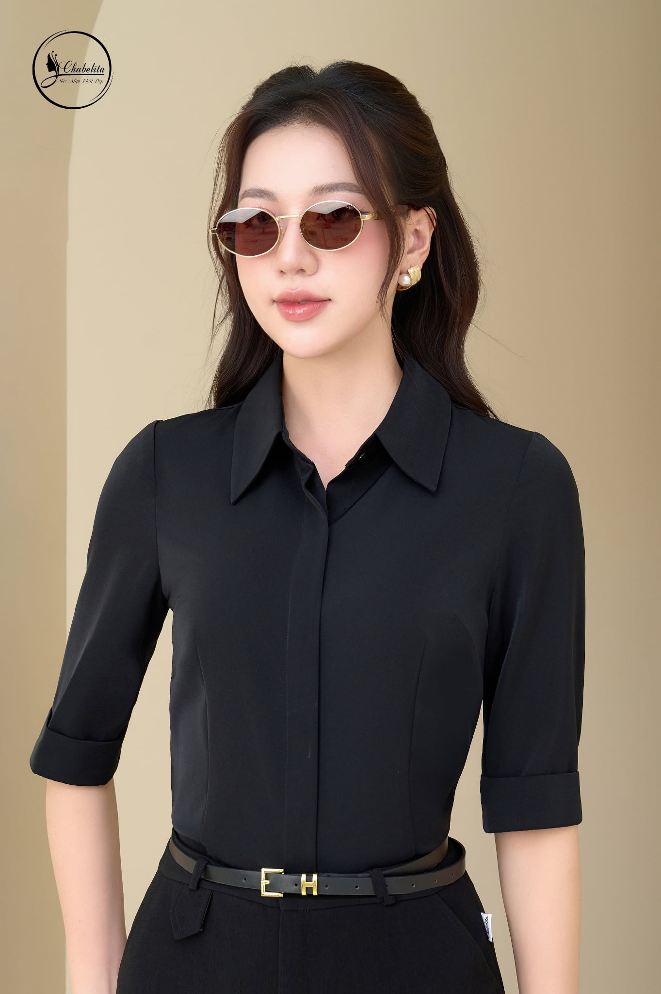 Áo sơ mi cổ đức tay lỡ màu đen