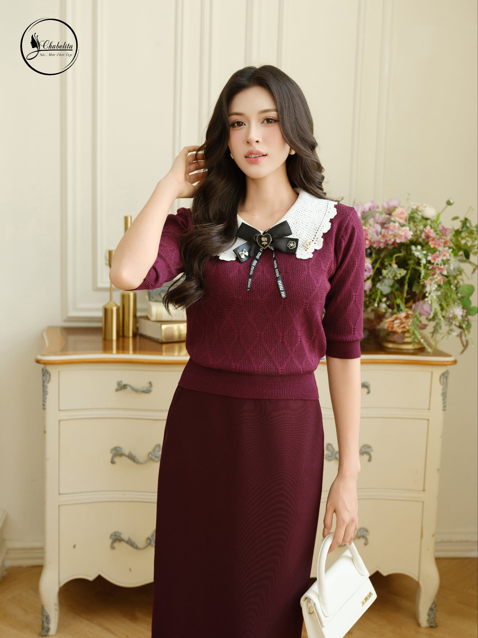 Áo len phối cổ màu tím