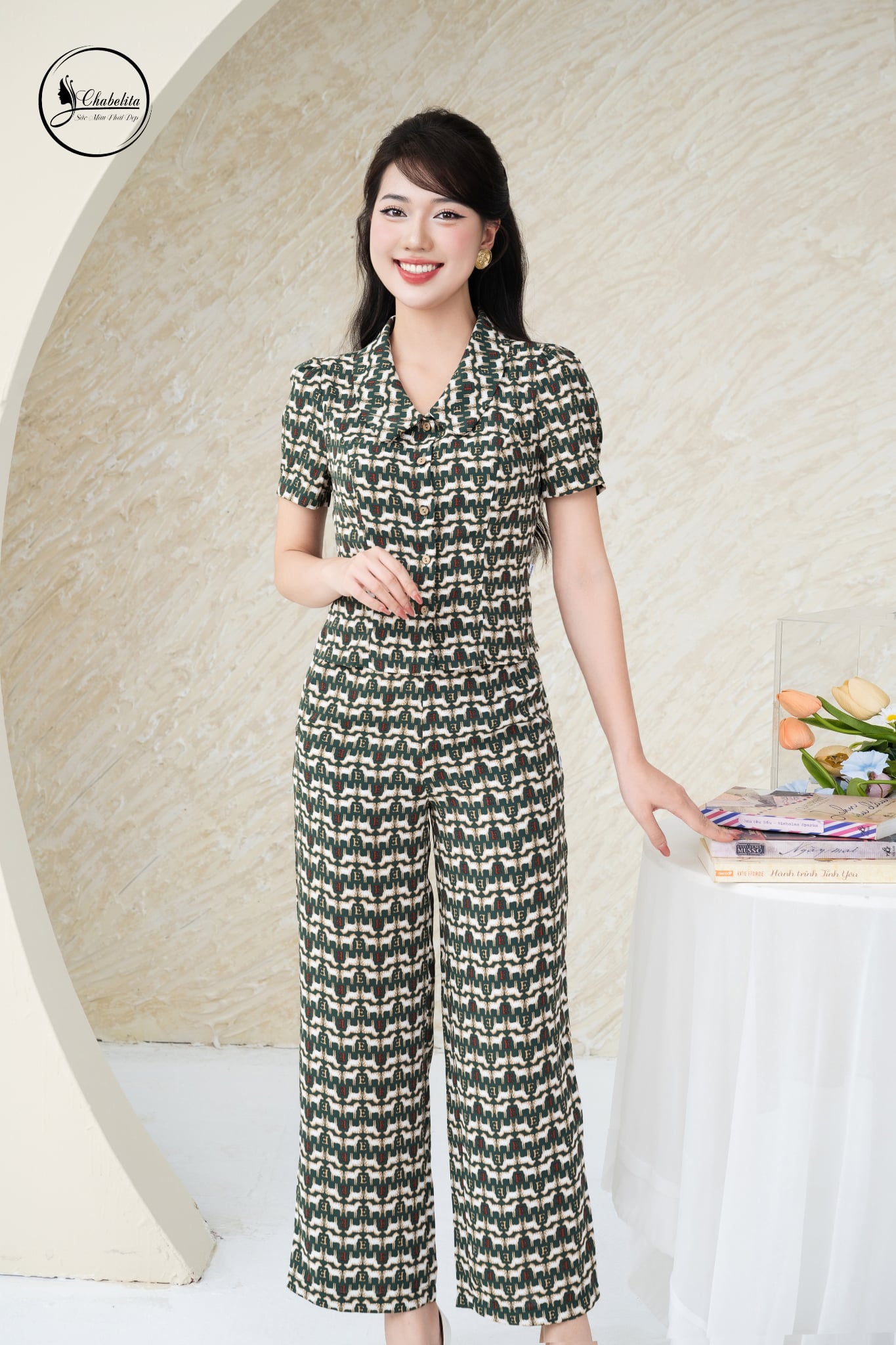 Sét bộ áo tay lỡ cổ sen xanh họa tiết