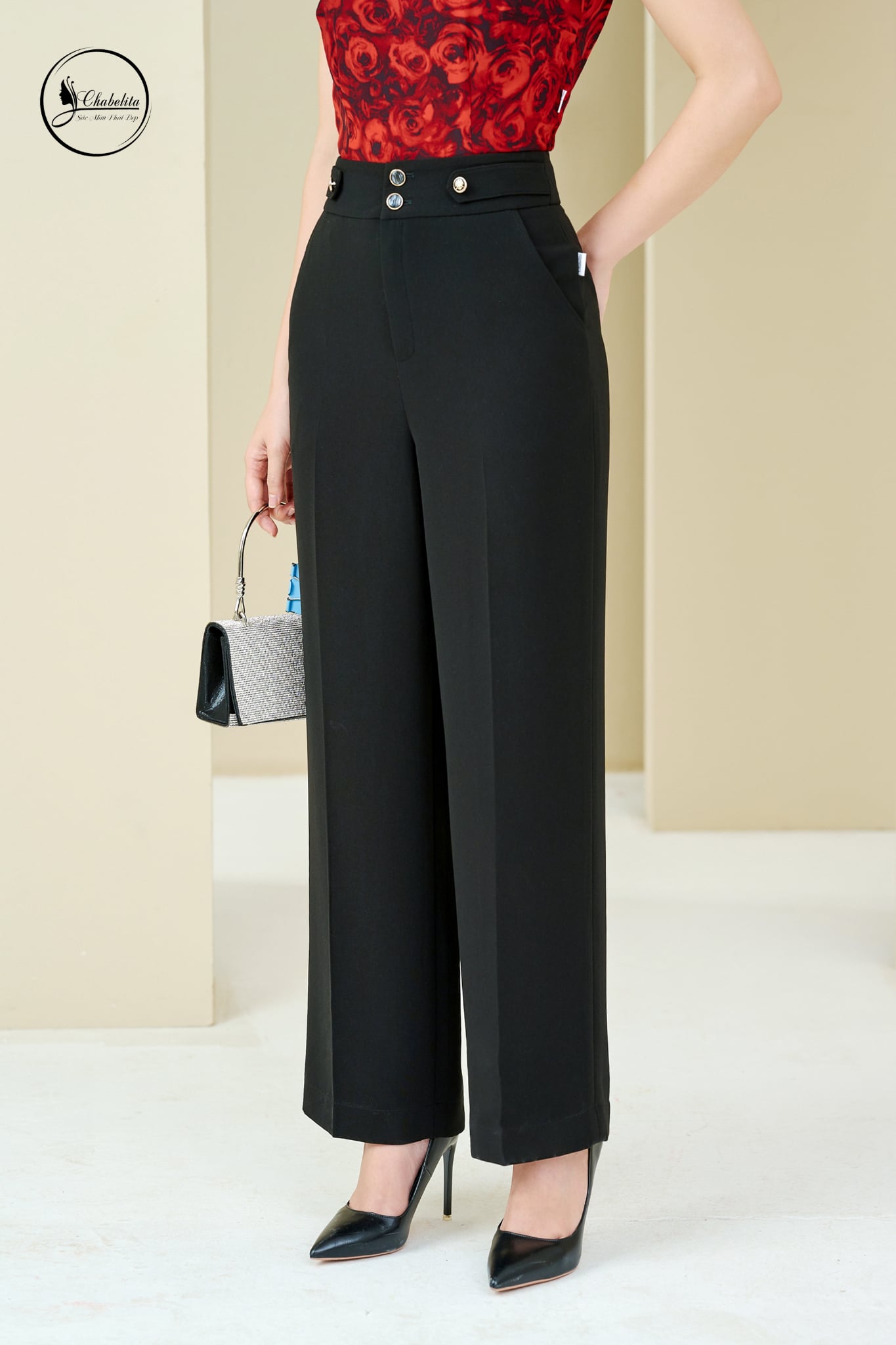 Quần suông cạp cách điệu 2 cúc màu đen