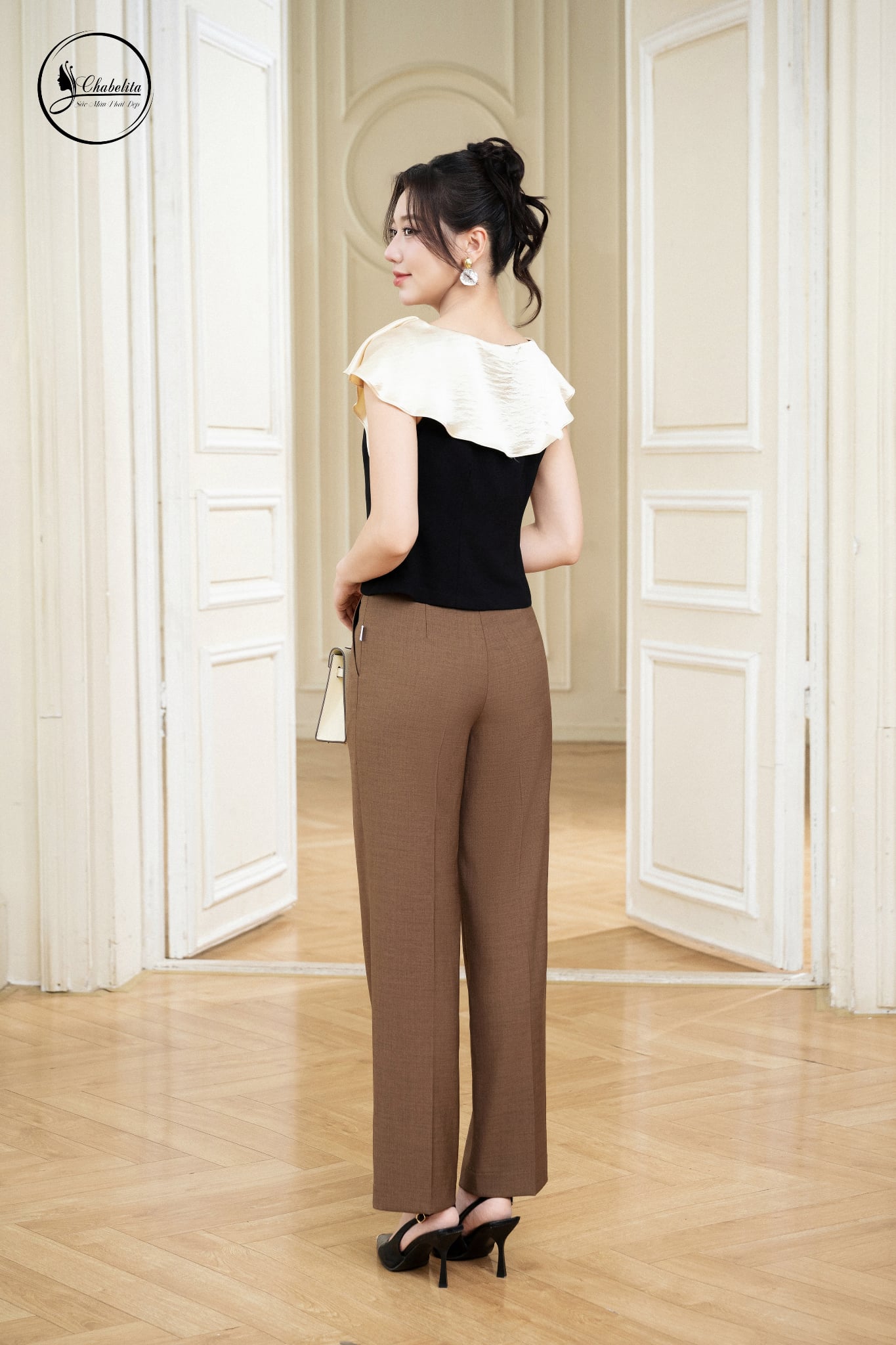 Quần ống đứng cạp 6 phân màu nâu