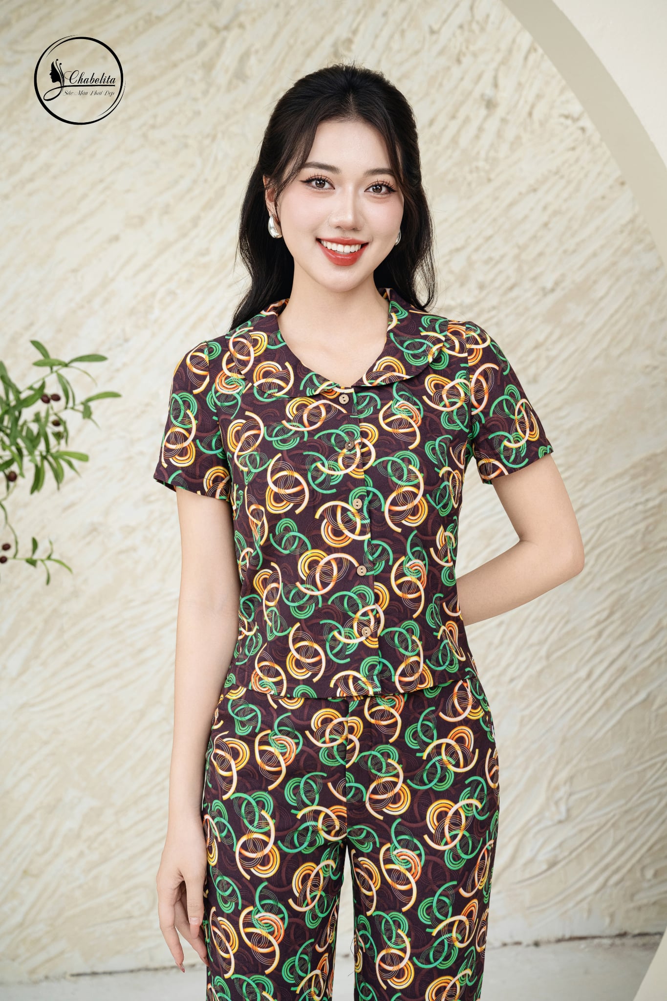 Sét bộ họa tiết áo tay lỡ cổ sen màu nâu
