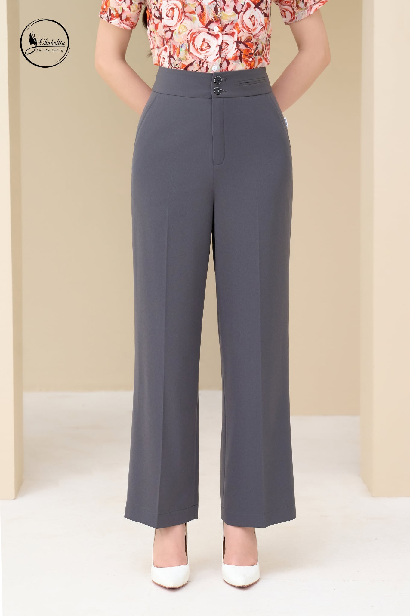 Quần suông khơi cạp màu ghi