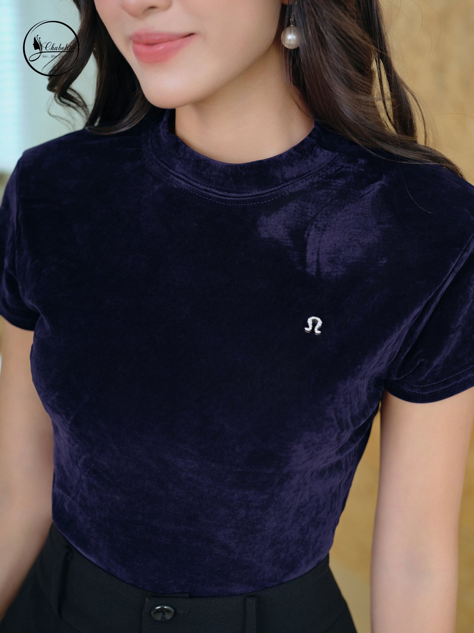 Áo nhung cổ 3 phân màu xanh than