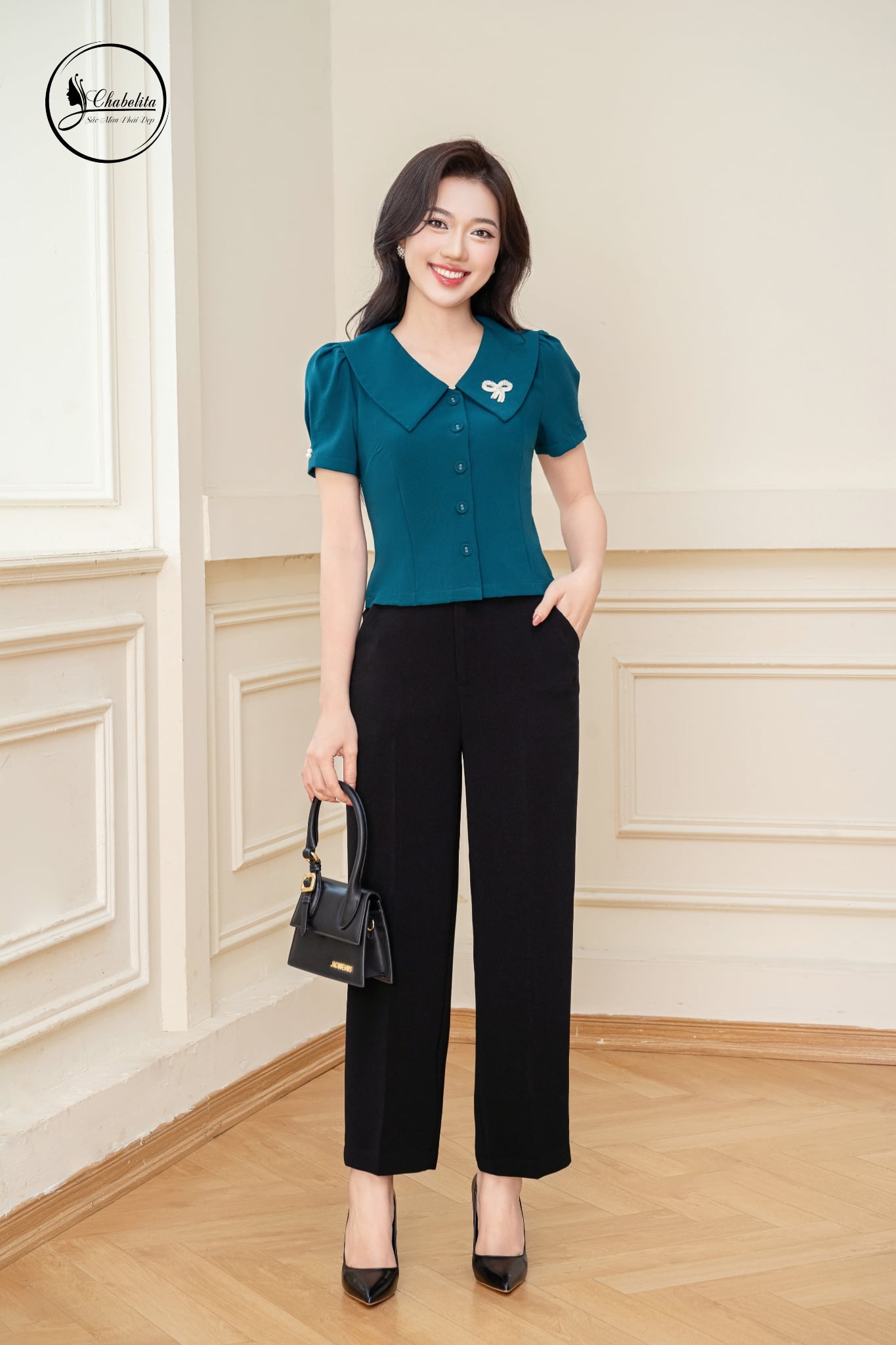 Áo sơ mi cổ sen nhọn tay lỡ màu xanh