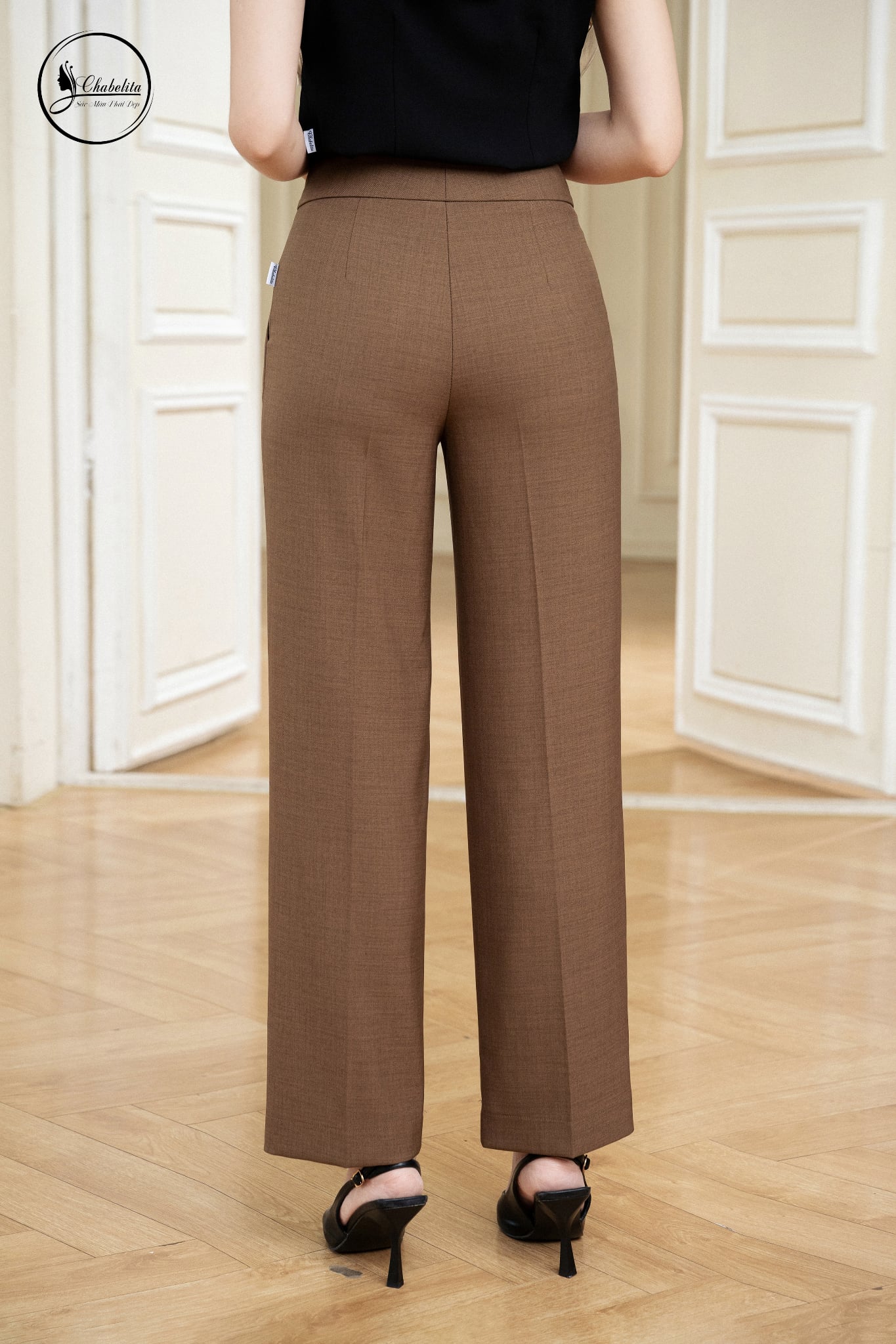 Quần ống đứng cạp 6 phân màu nâu