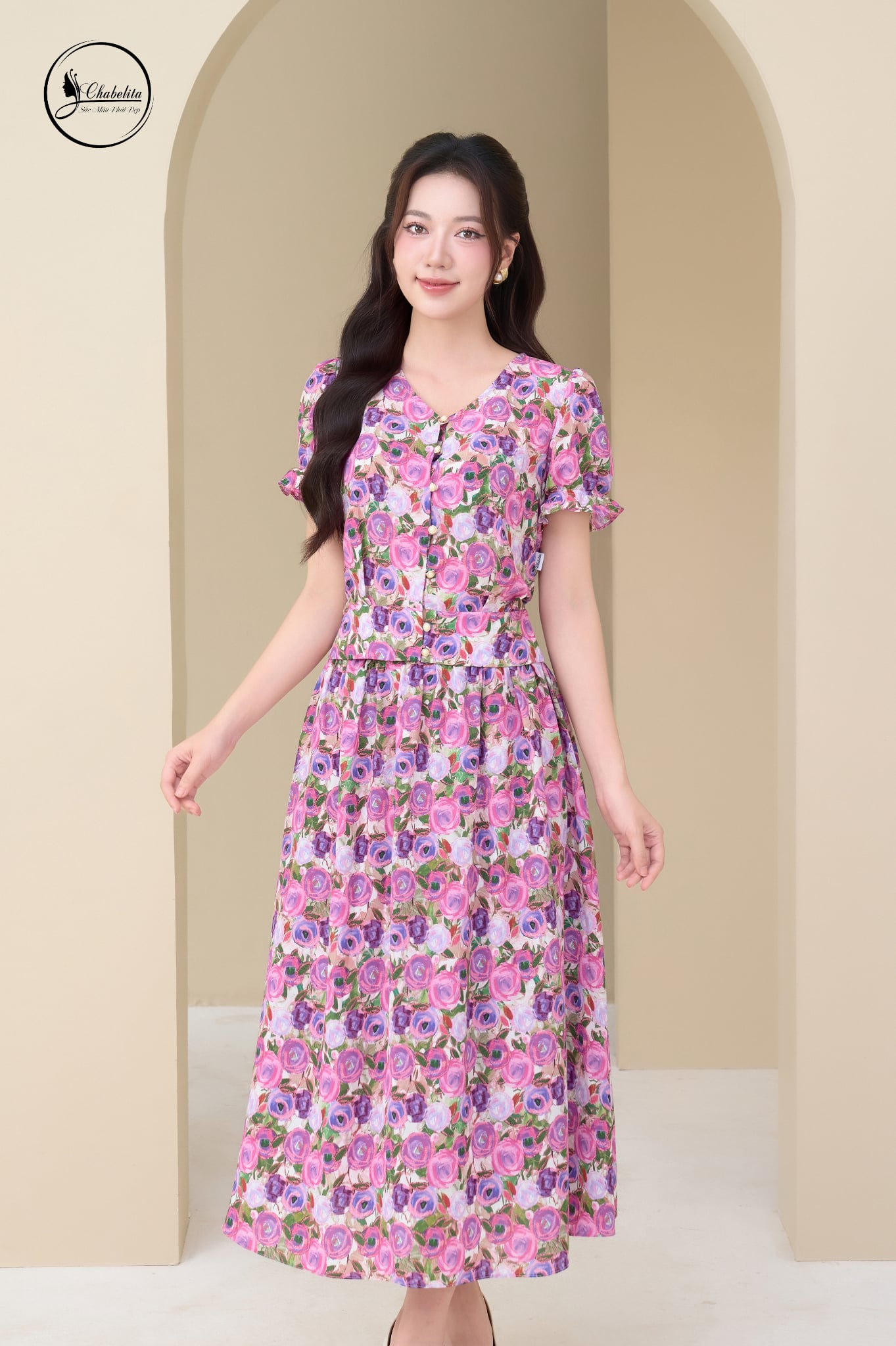 Sét bộ hoa sơ mi crotop phối chân váy màu tím