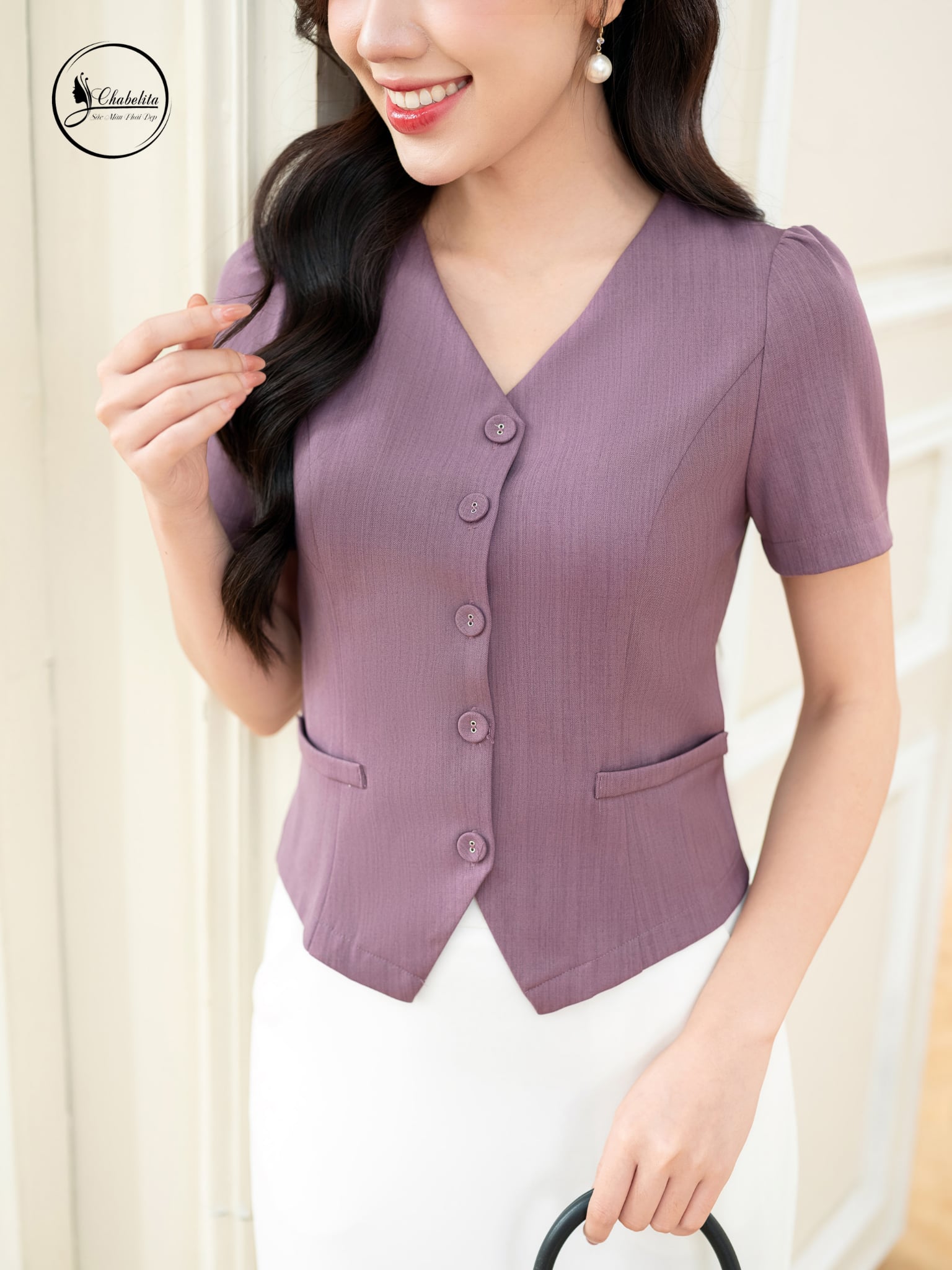 Áo sơ mi cổ tim màu tím