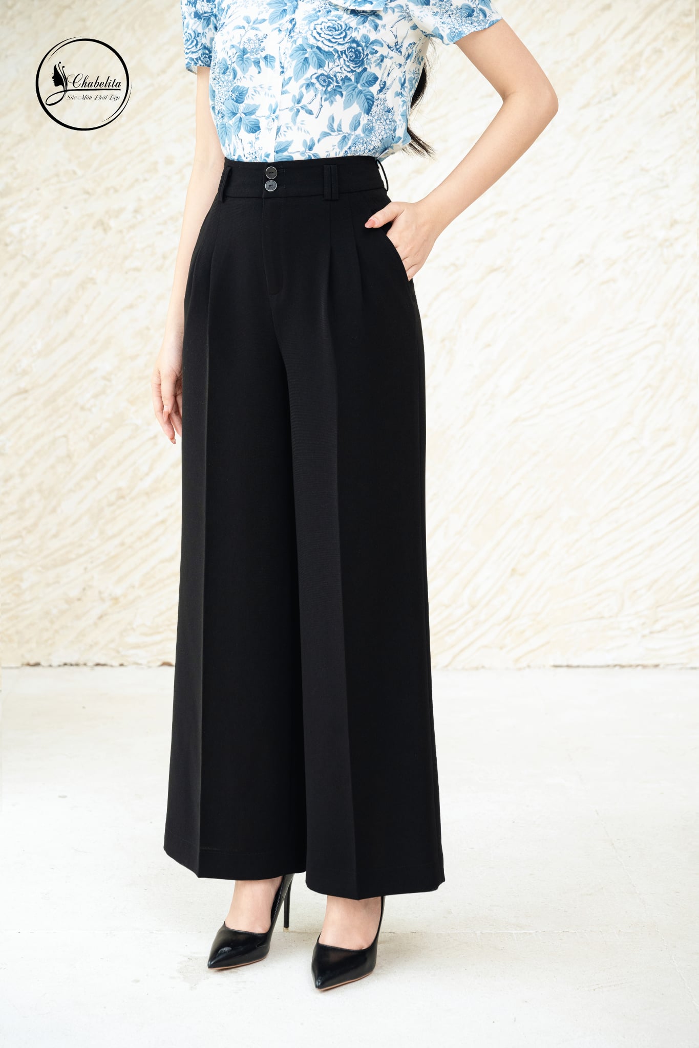 Quần suông cạp 2khuy màu đen