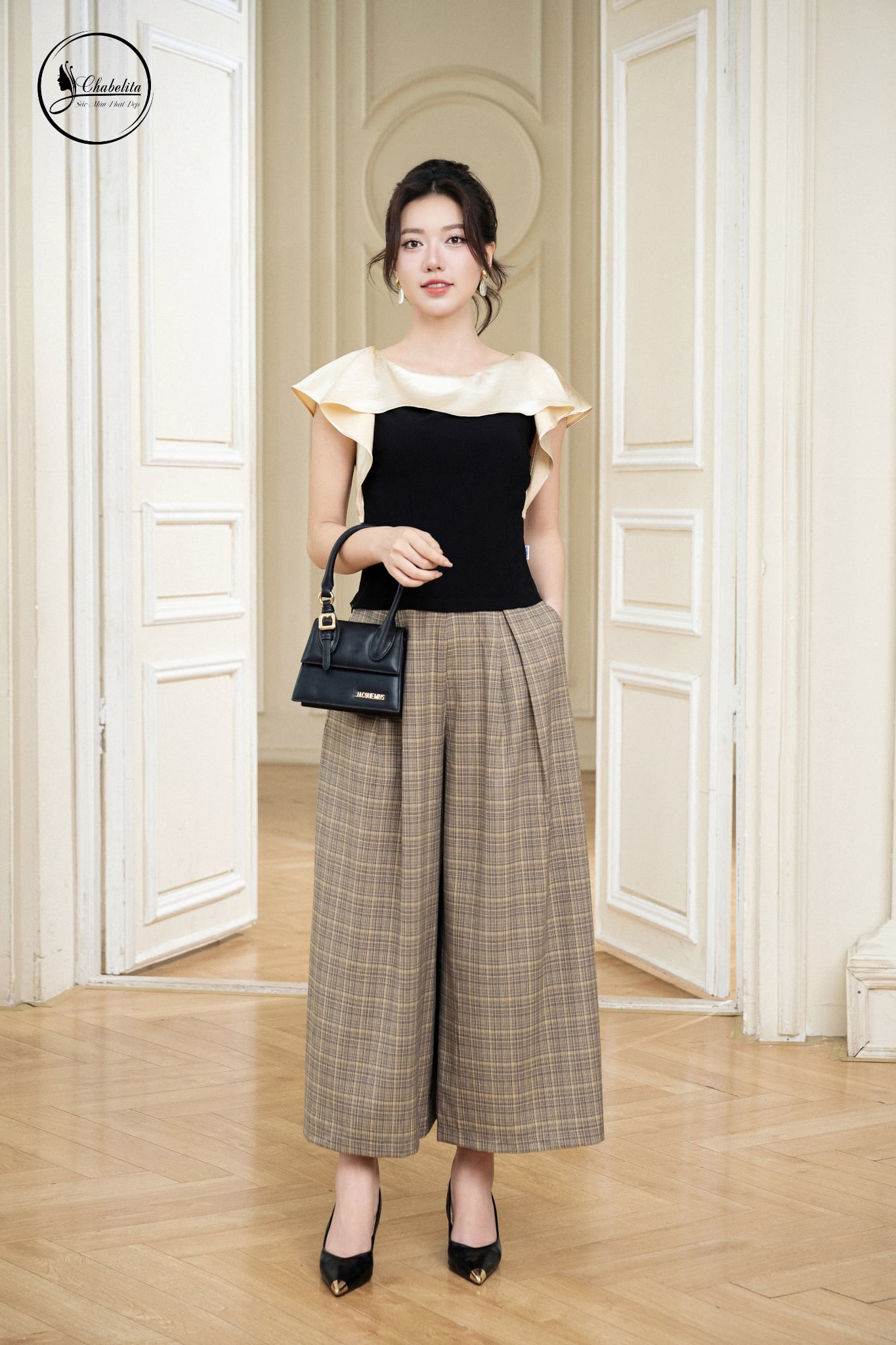 Quần ống giả váy khóa sườn kẻ nâu