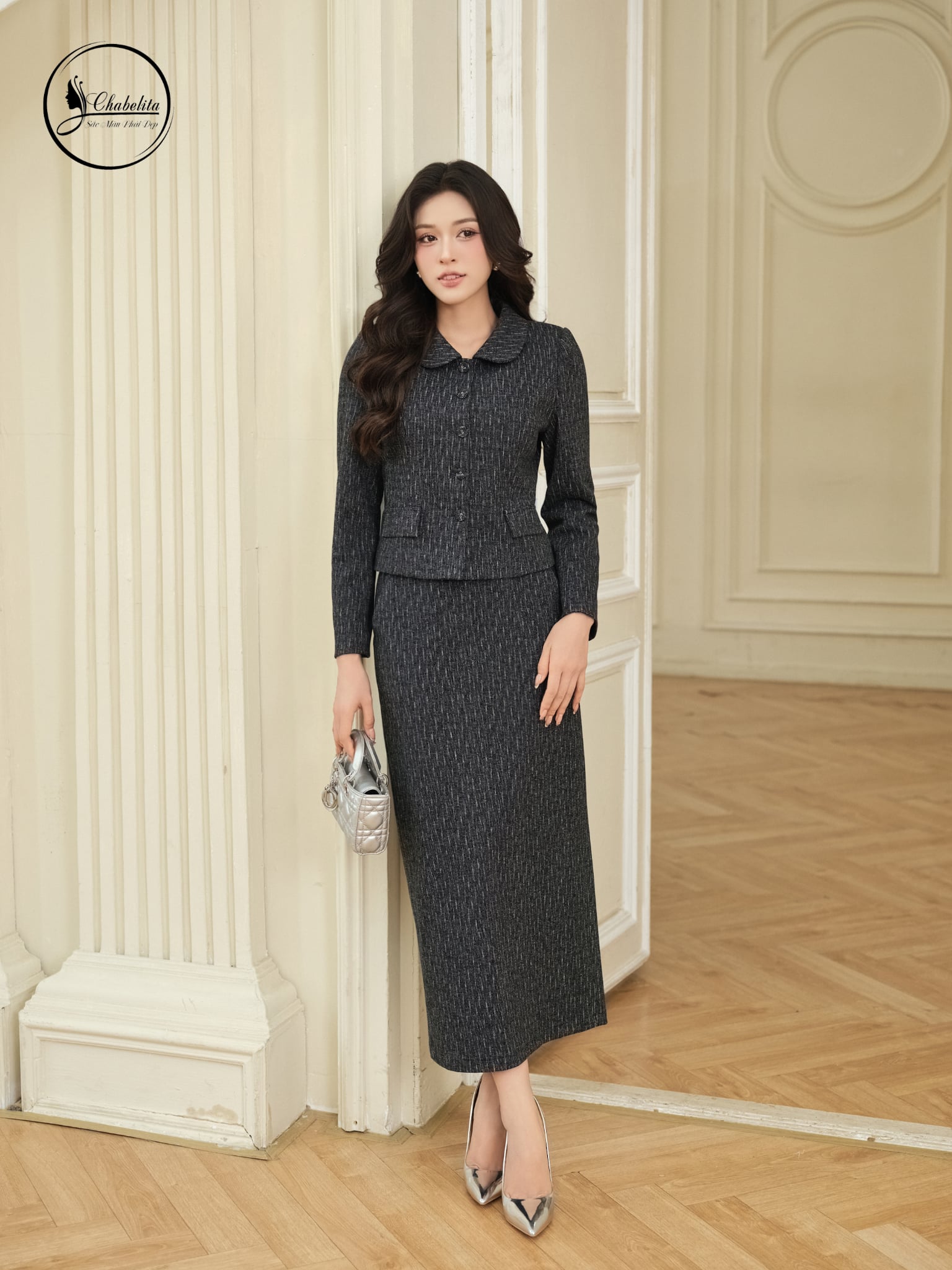 Sét bộ áo vest cổ sen dài tay màu chì