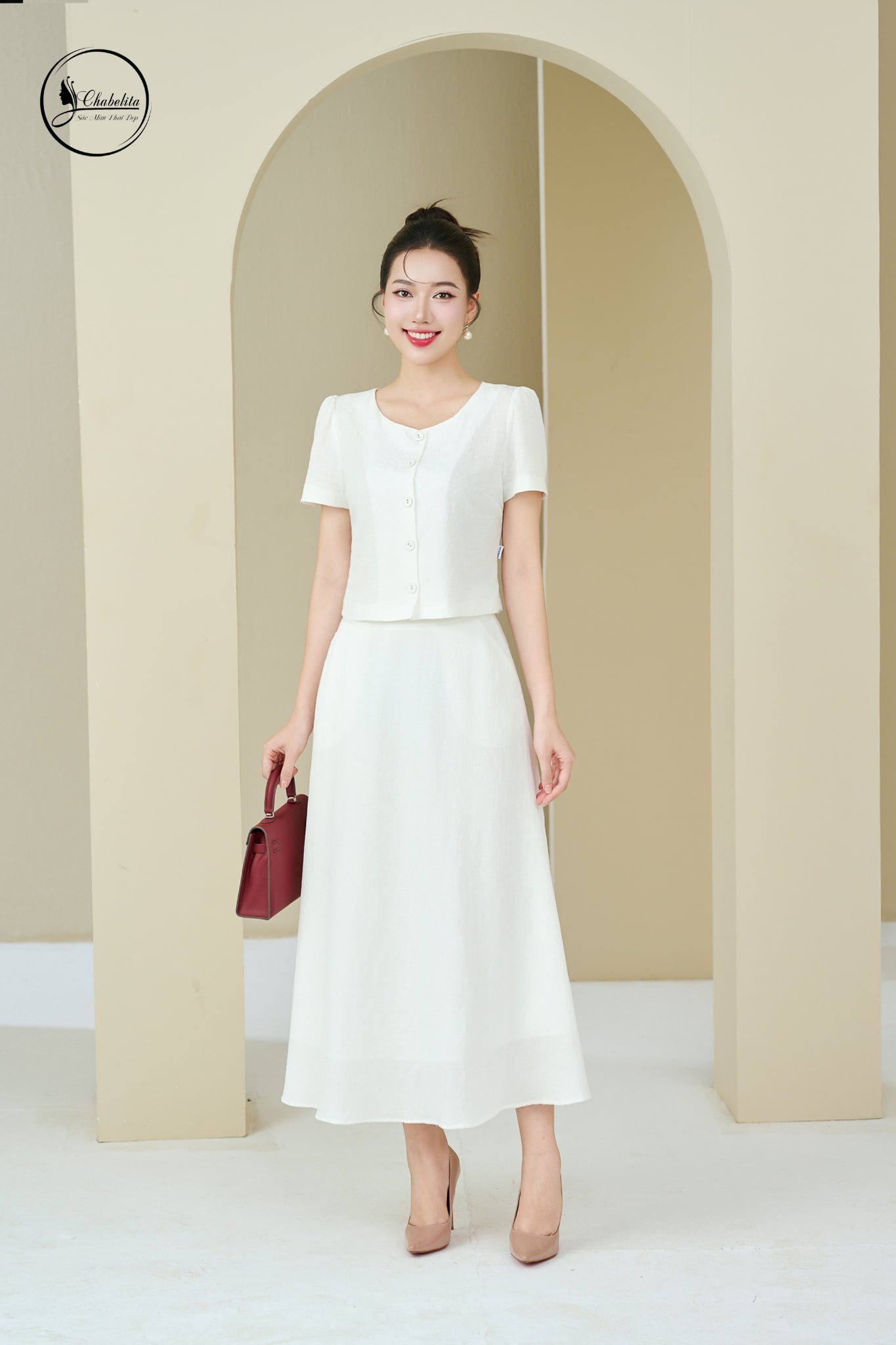 Sét bộ áo phối chân váy màu trắng
