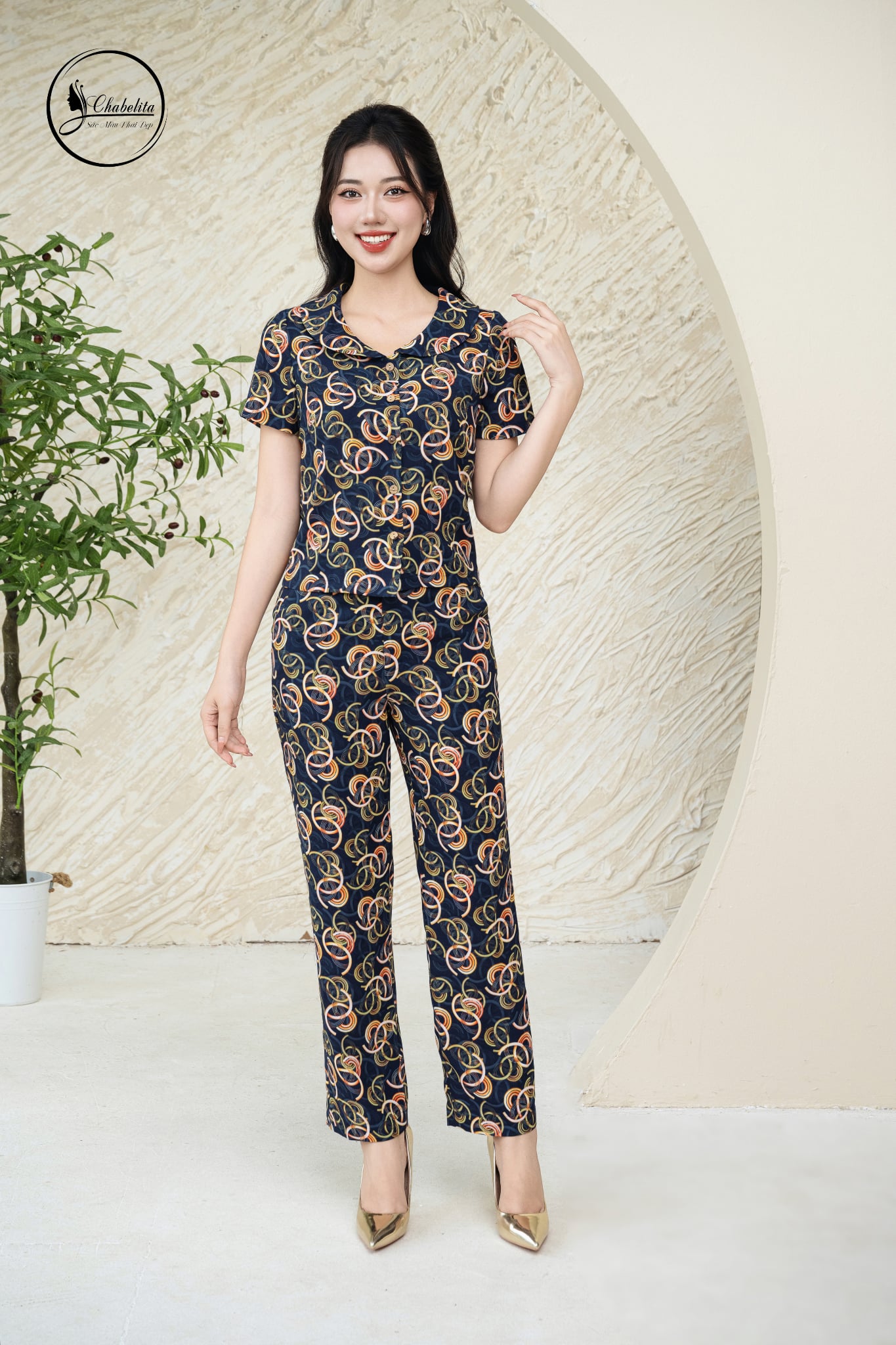 Sét bộ họa tiết áo tay lỡ cổ sen màu xanh