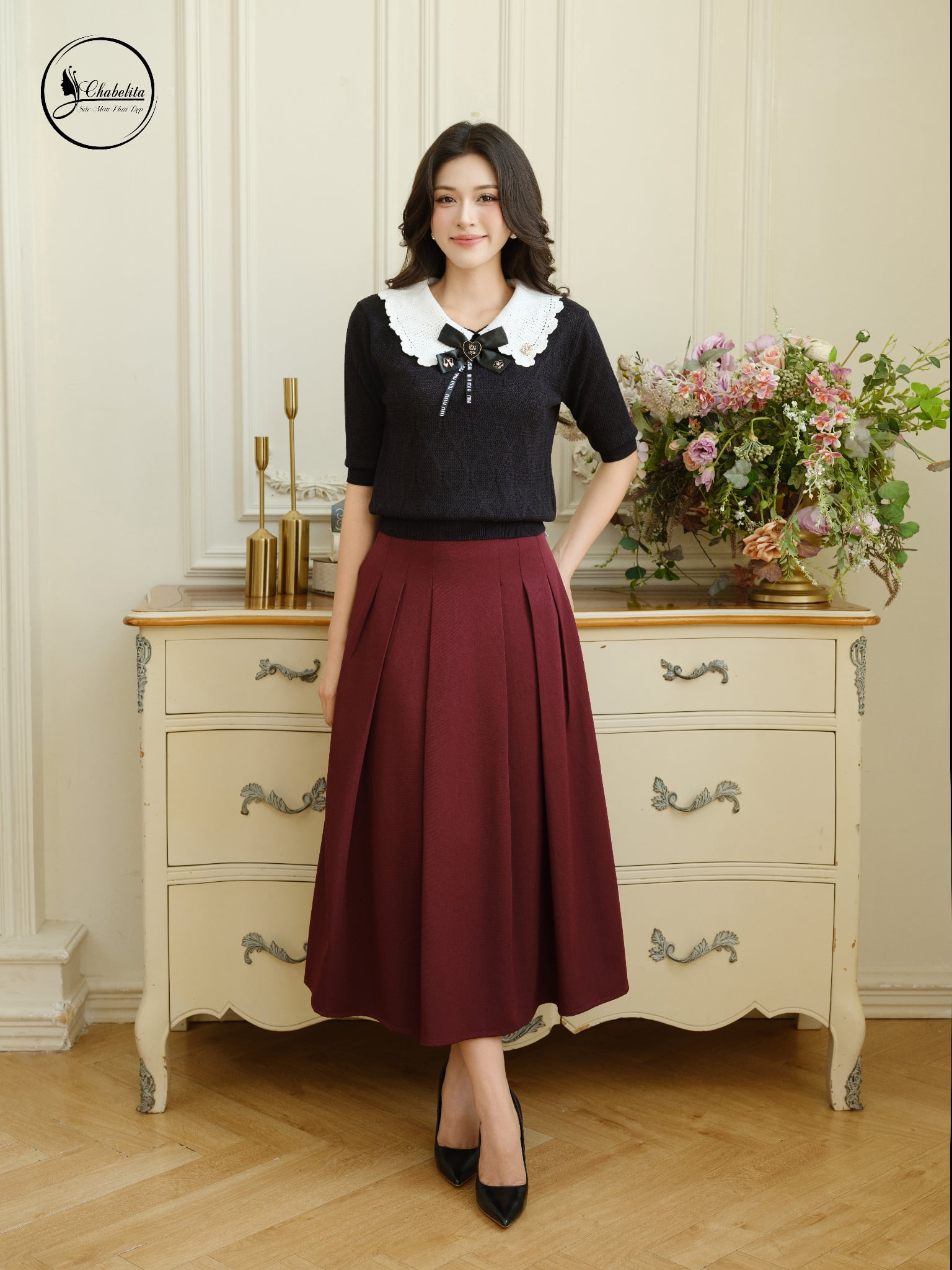 Áo len phối cổ màu đen