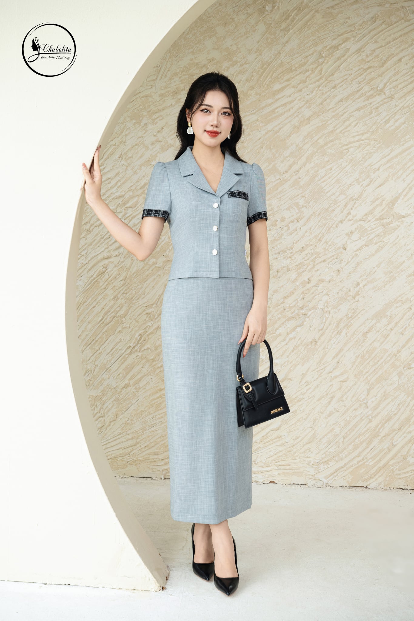 Sét bộ áo cổ bẻ phối chân váy màu ghi nhạt