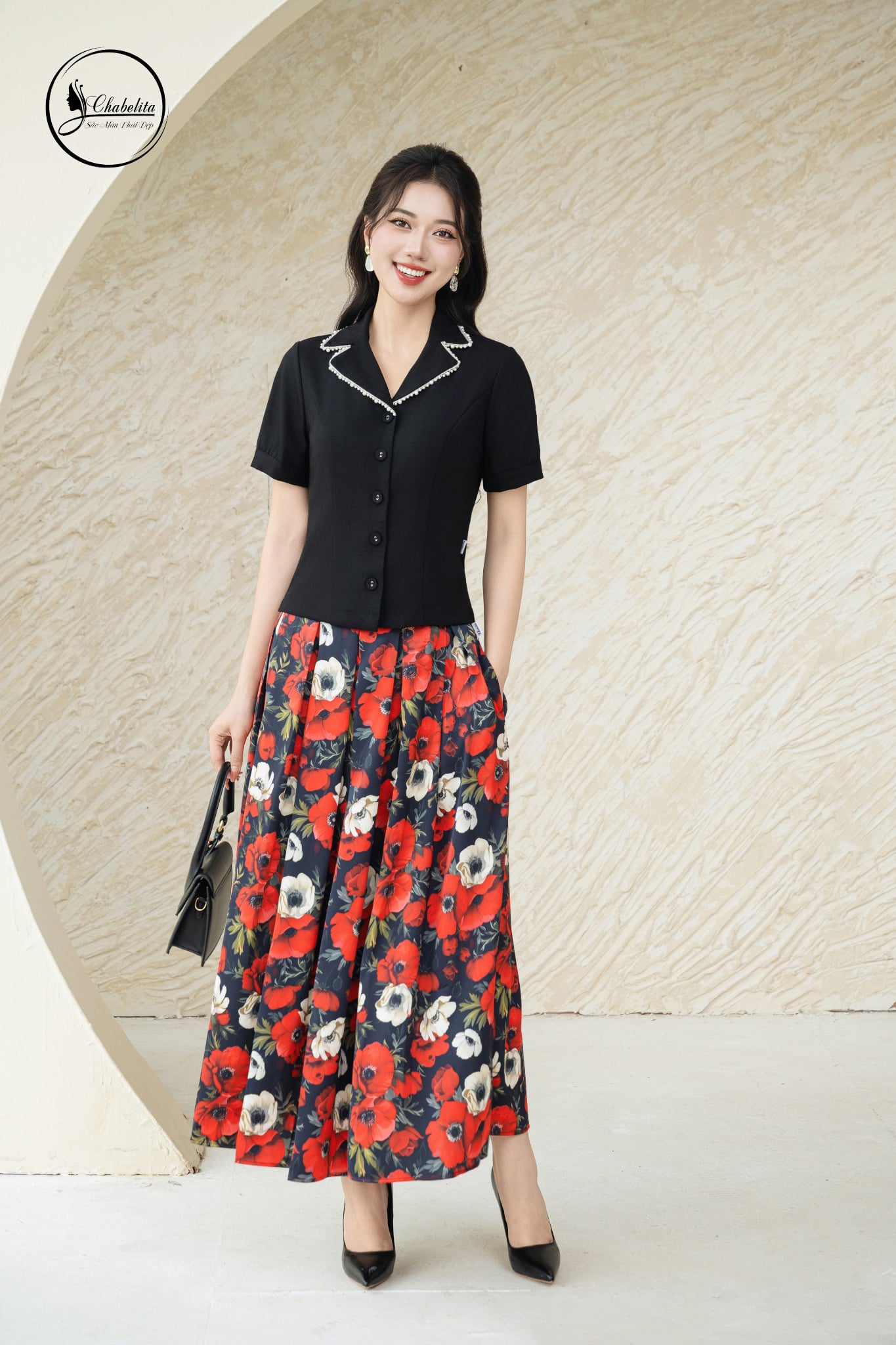 Áo sơ mi cổ vest phối viền màu đen