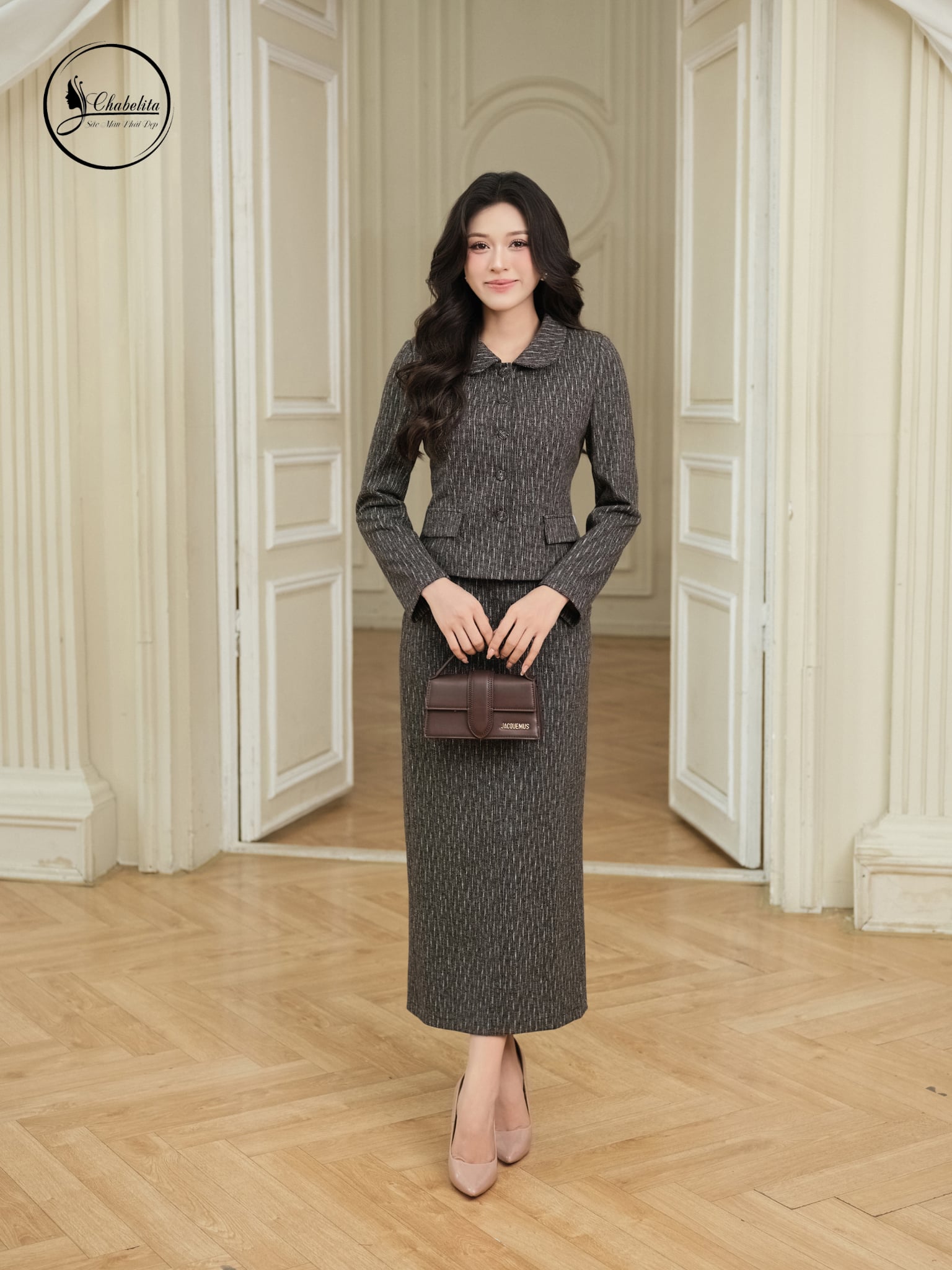 Sét bộ áo vest cổ sen dài tay màu nâu