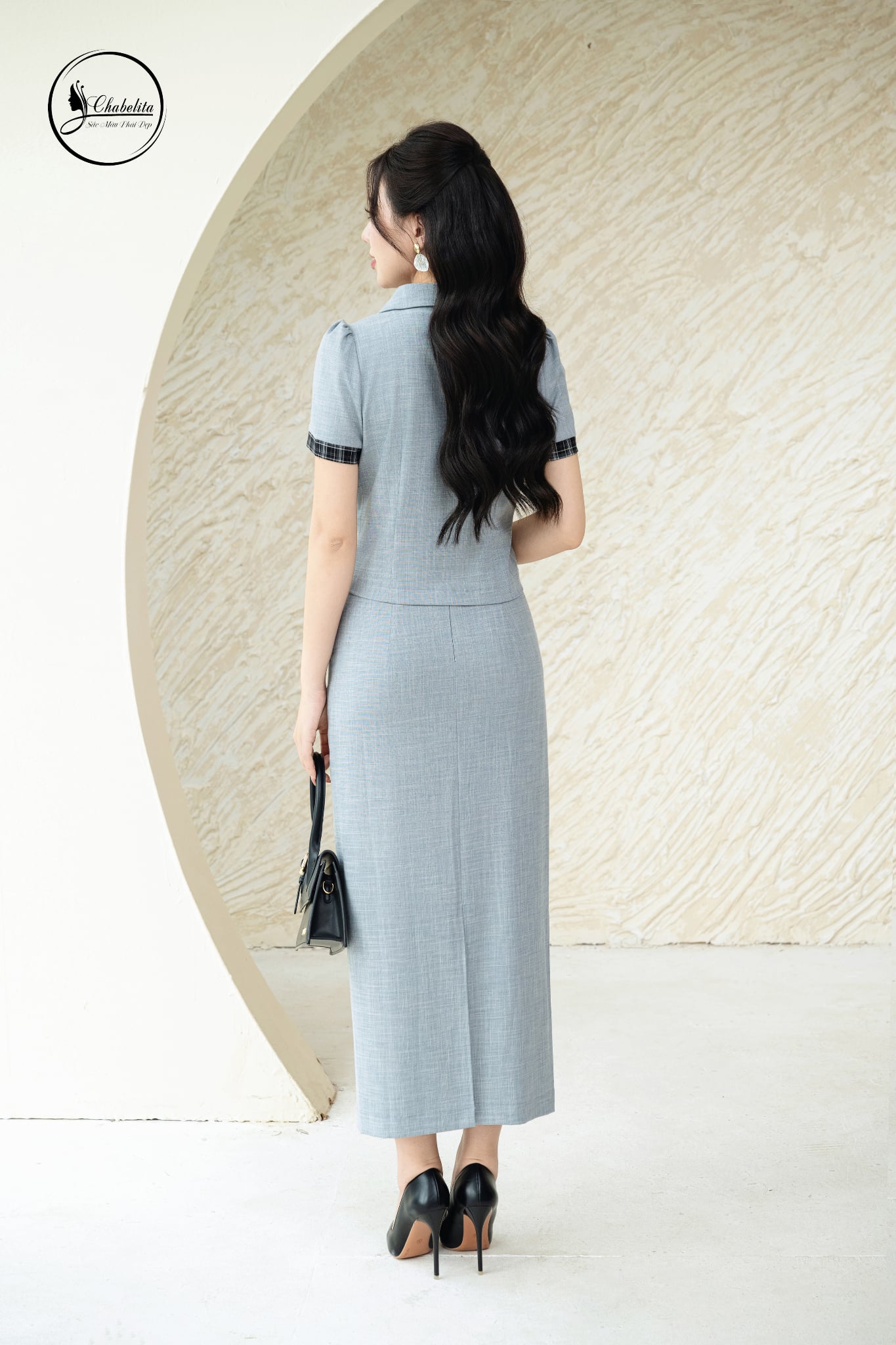 Sét bộ áo cổ bẻ phối chân váy màu ghi nhạt