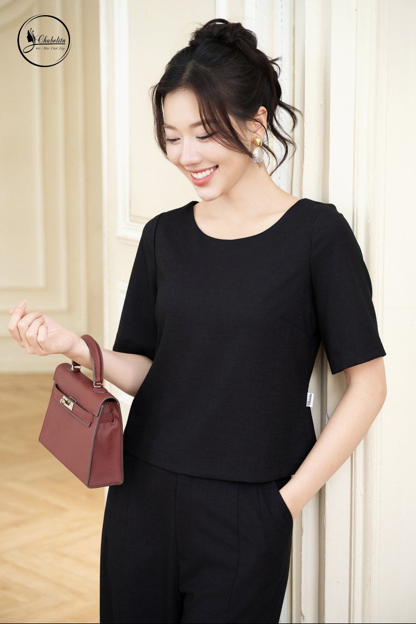 Sét bộ áo tay lỡ cổ tròn màu đen