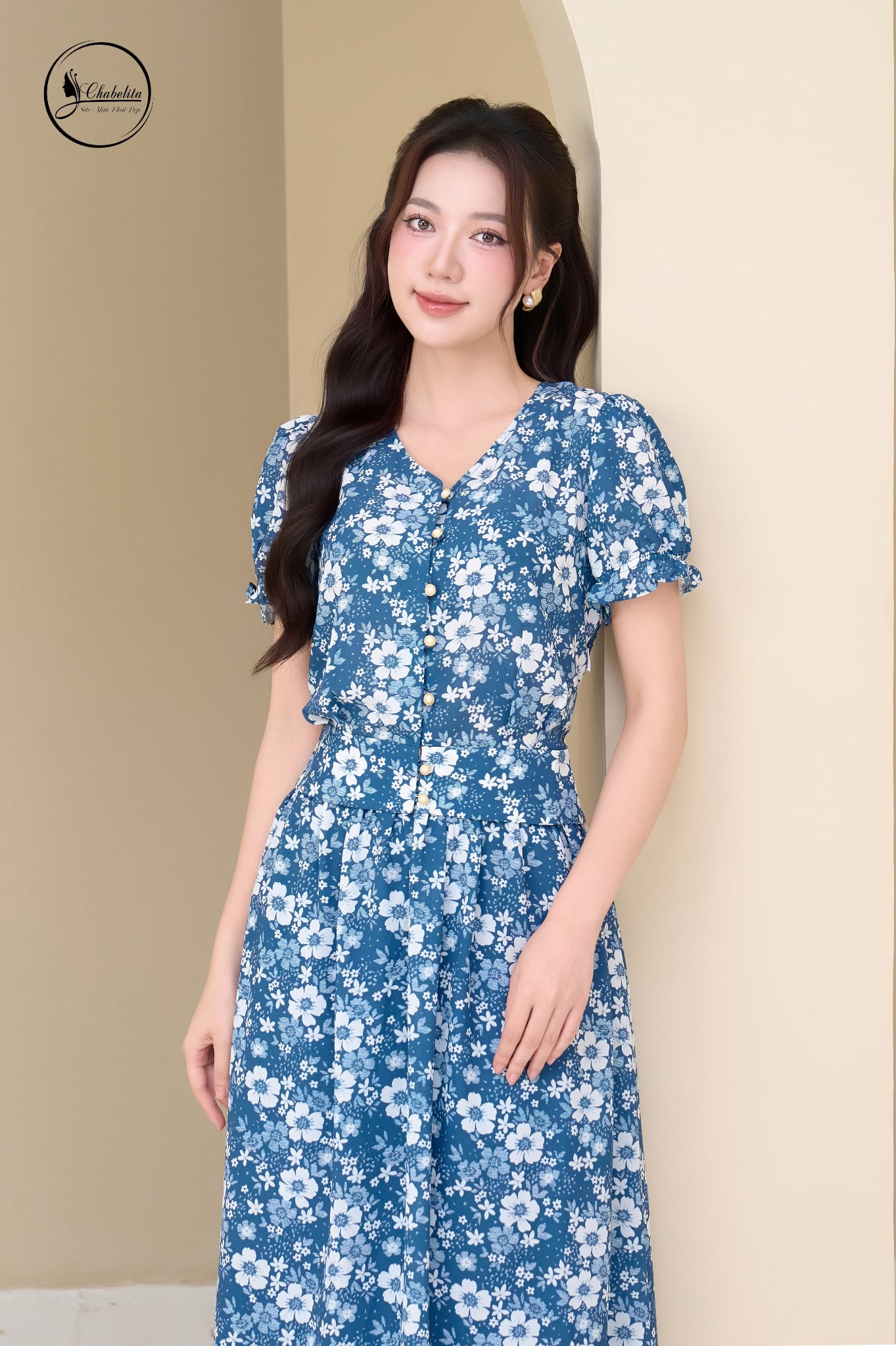 Sét bộ hoa sơ mi crotop phối chân váy màu xanh