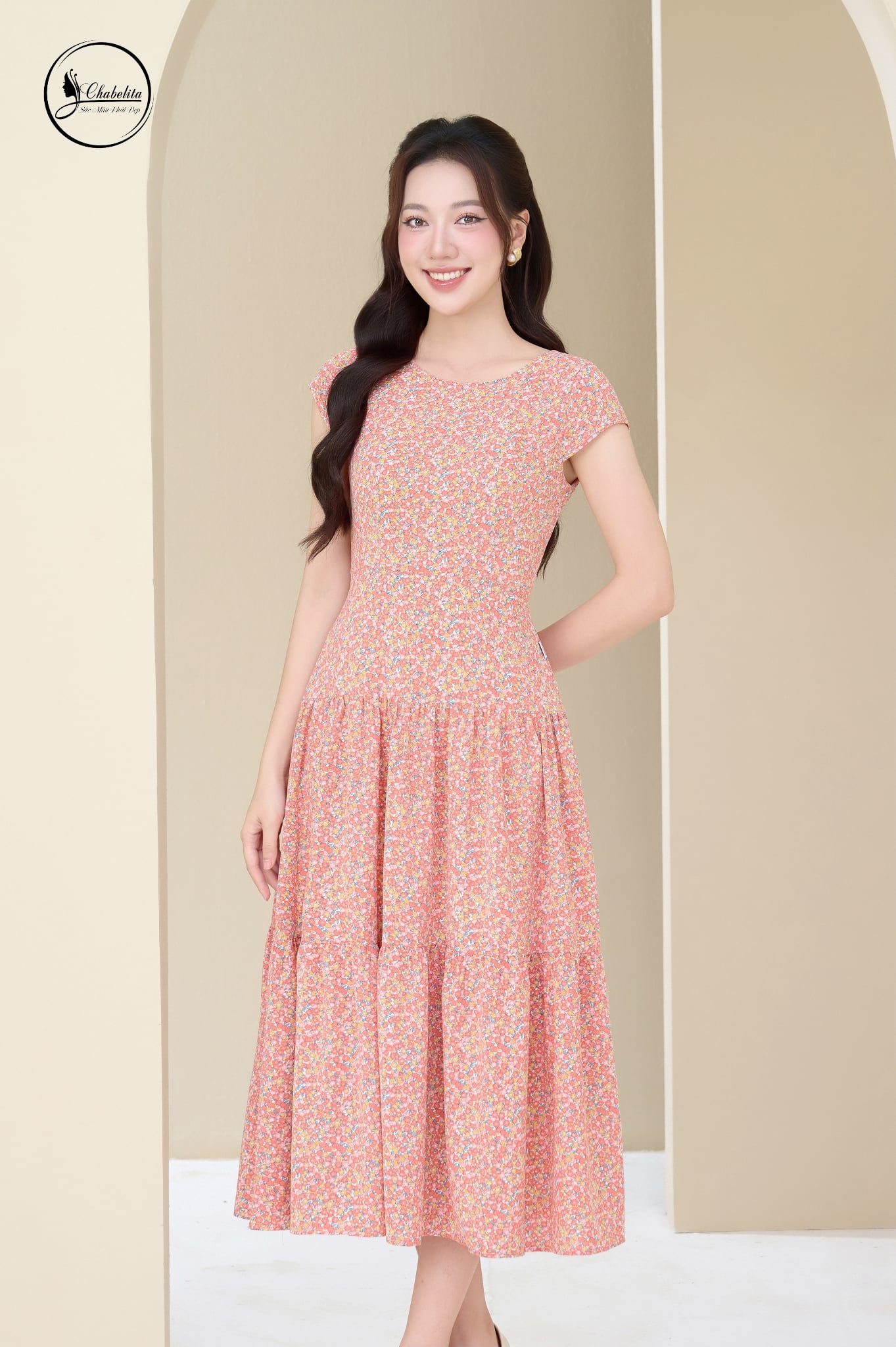 Đầm hoa nhí 3 tầng sát nách màu hồng