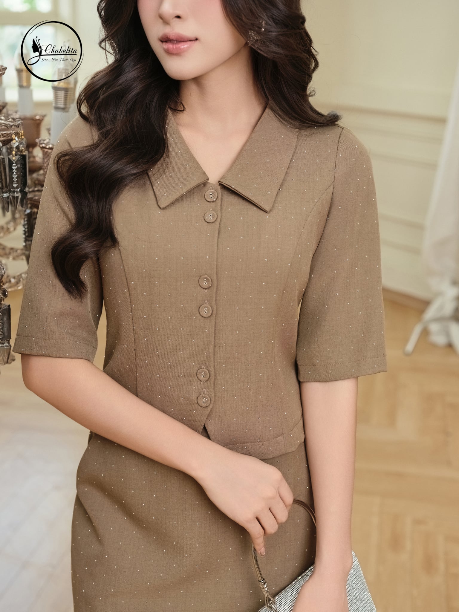 Sét bộ áo tay lỡ phối chân váy ôm màu nâu
