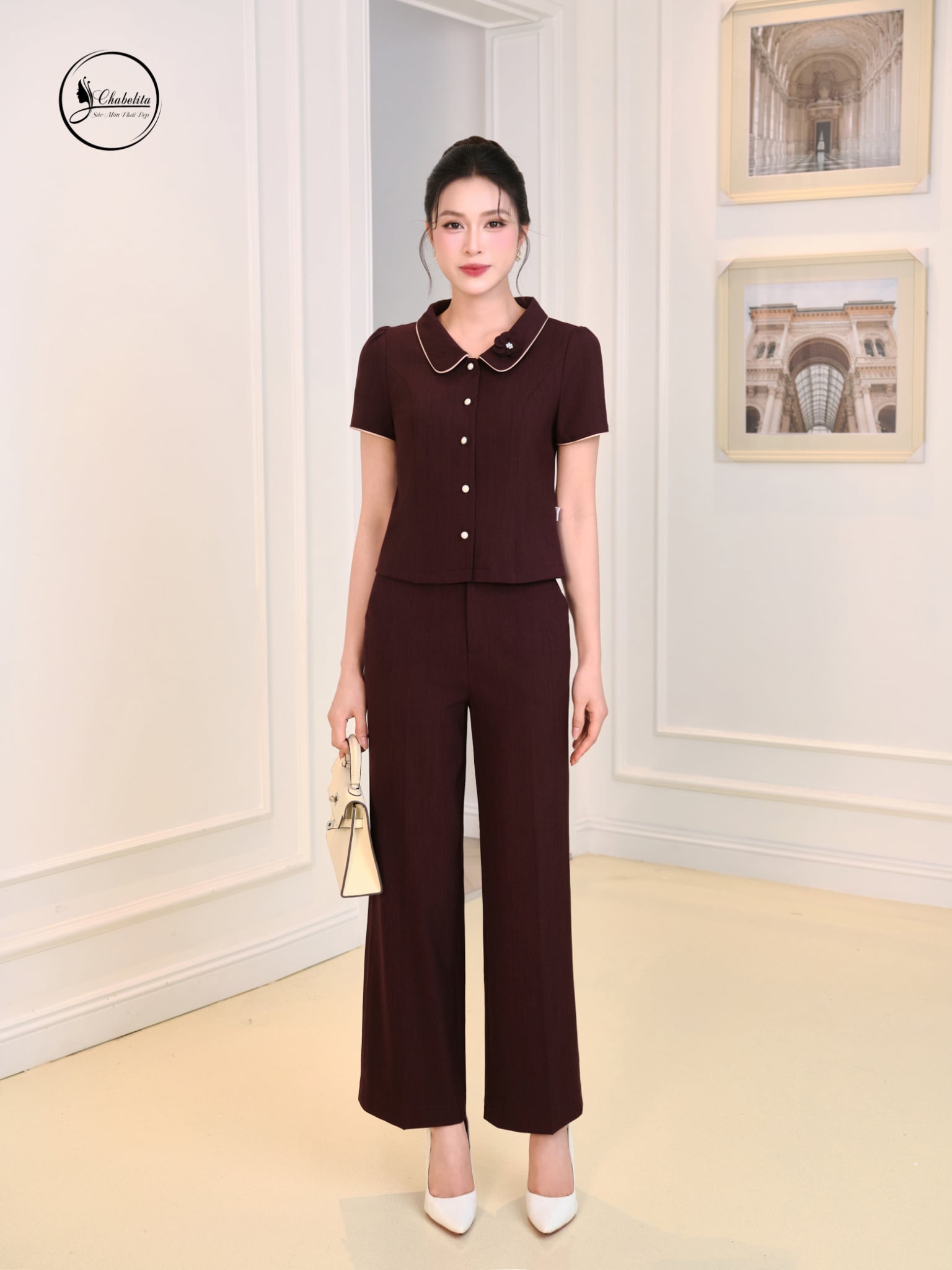 Áo sơ mi cổ sen phối viền đính hoa màu tím