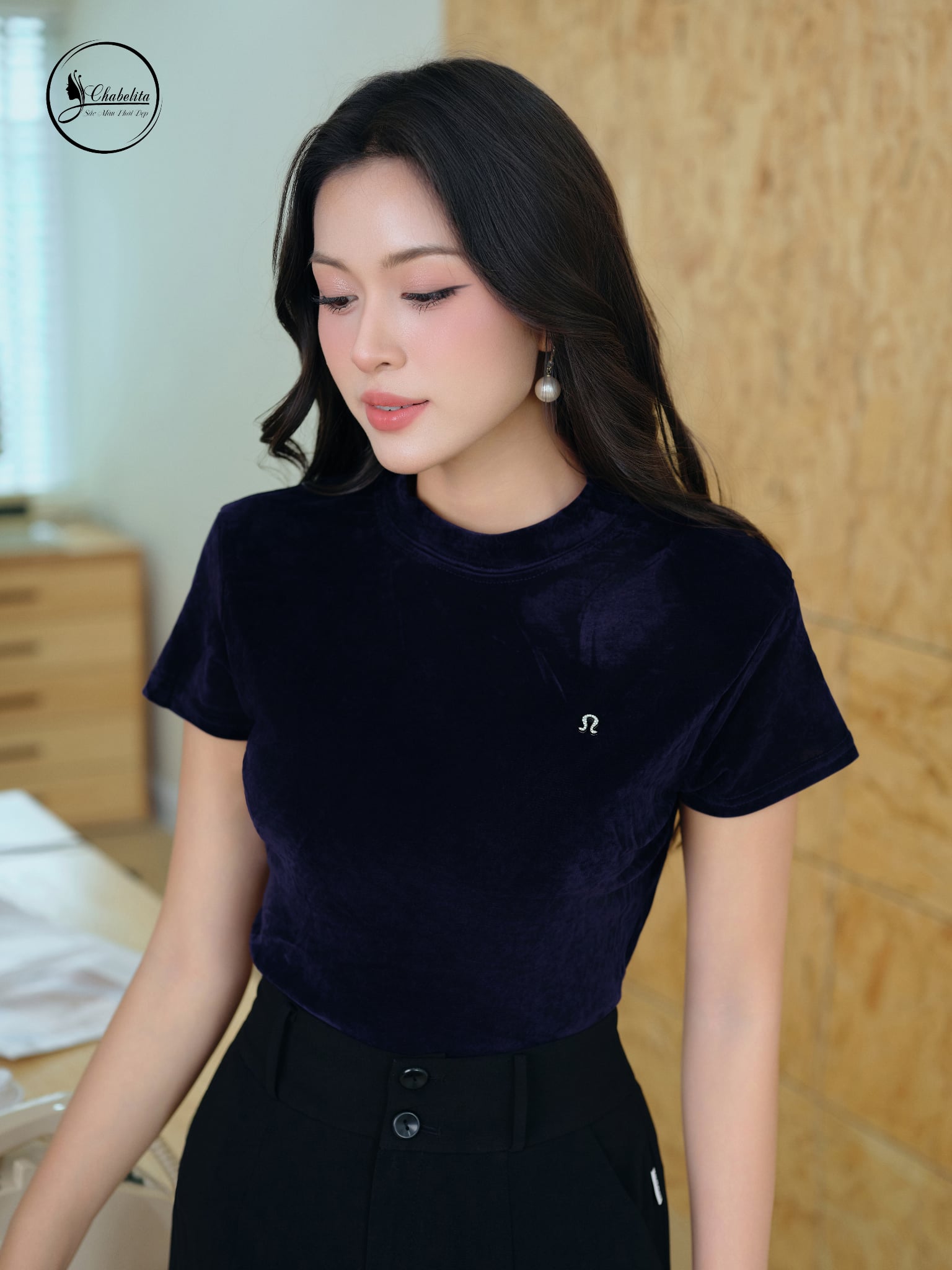 Áo nhung cổ 3 phân màu xanh than