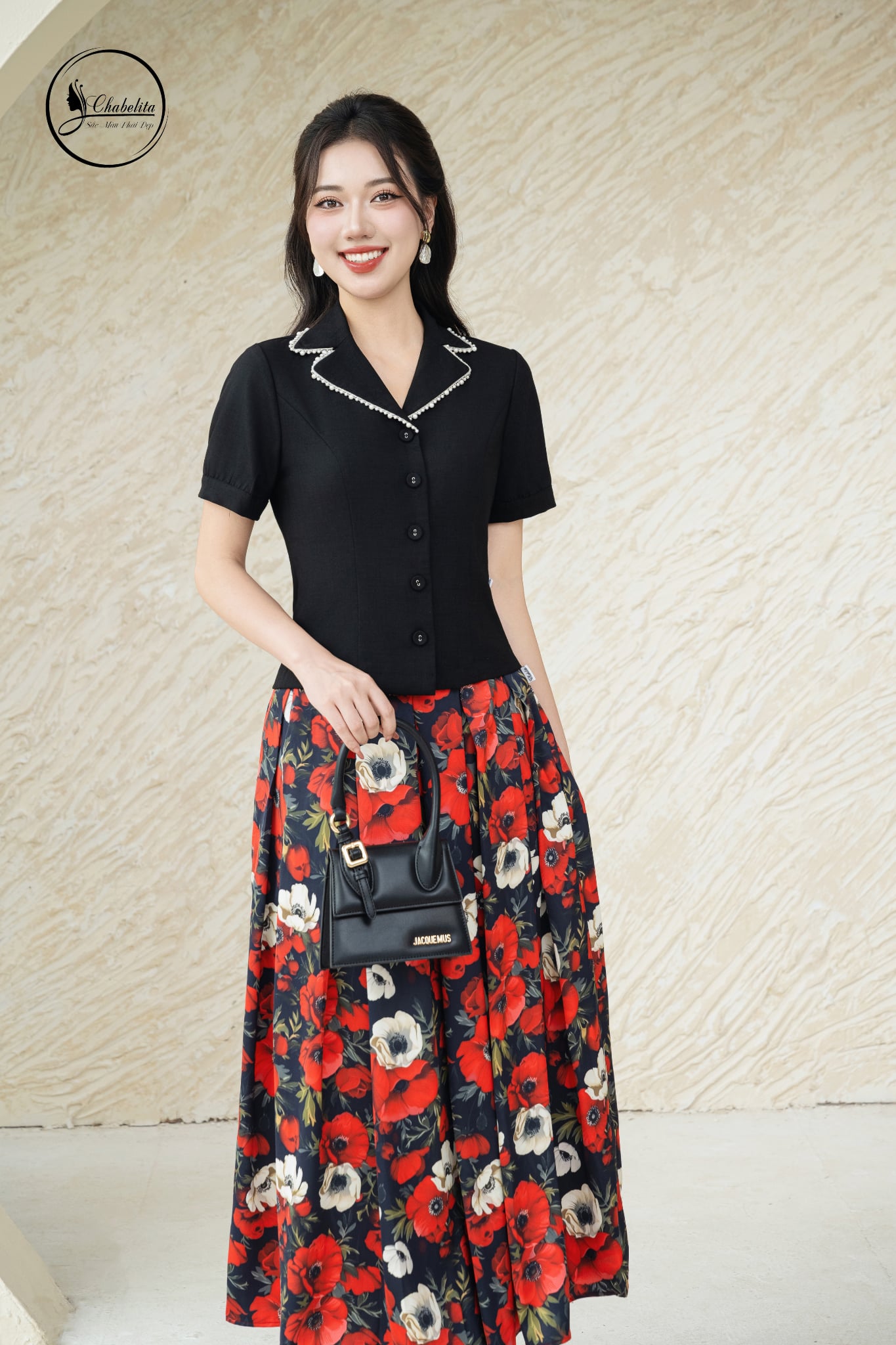 Áo sơ mi cổ vest phối viền màu đen