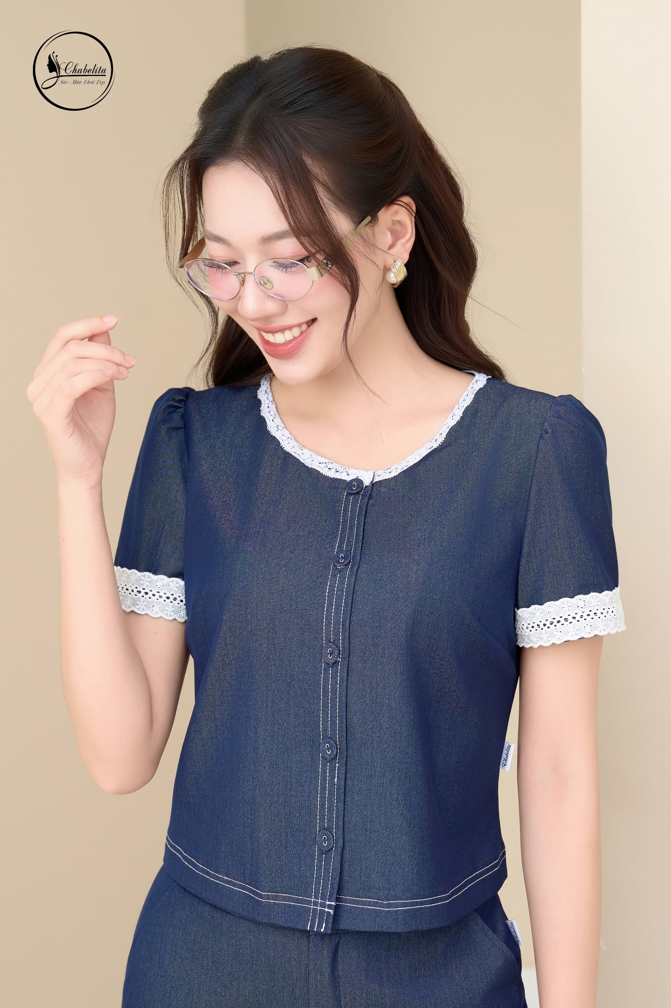 Sét bộ áo tay cộc phối viền màu xanh than