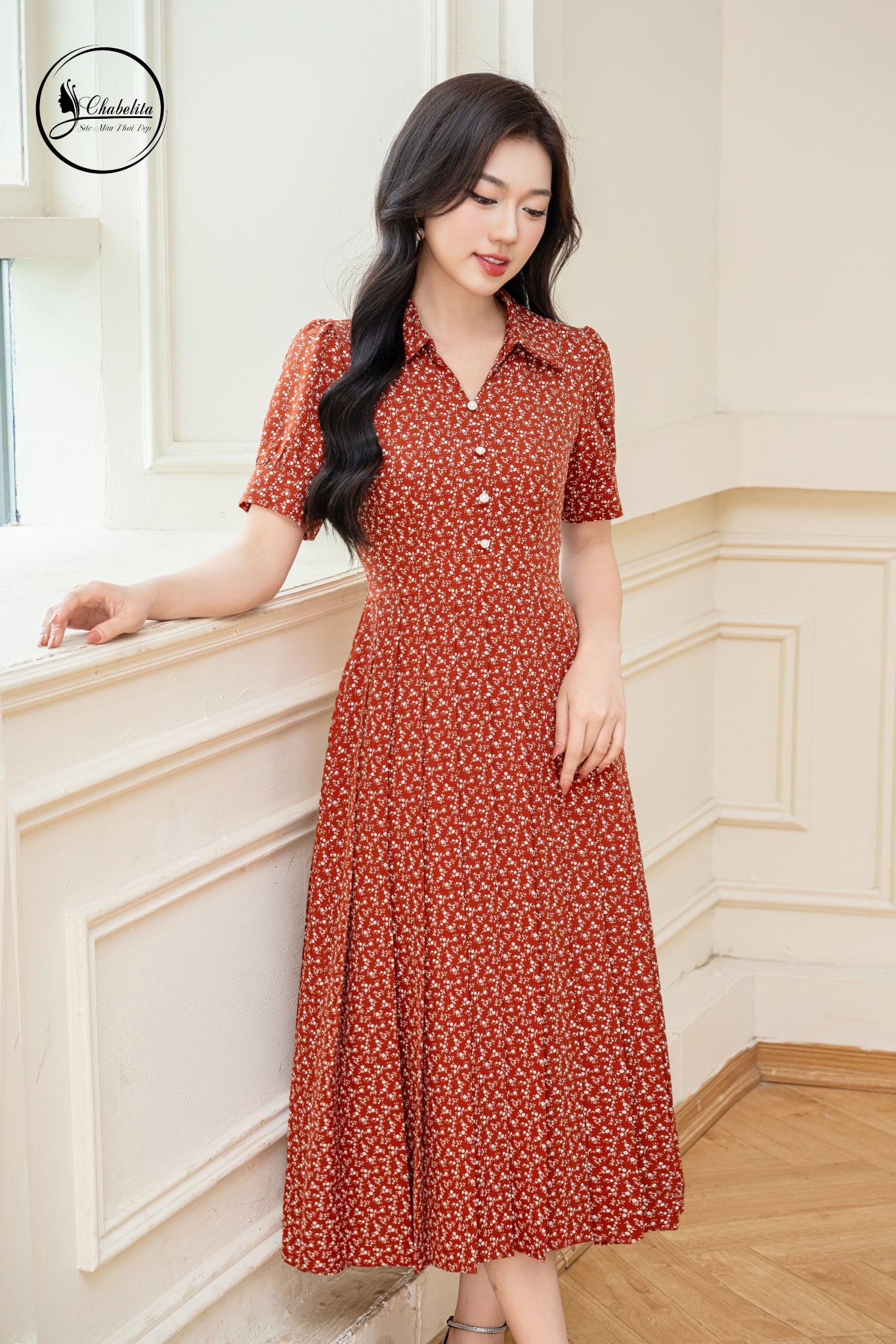 Đầm hoa cổ bẻ màu cam