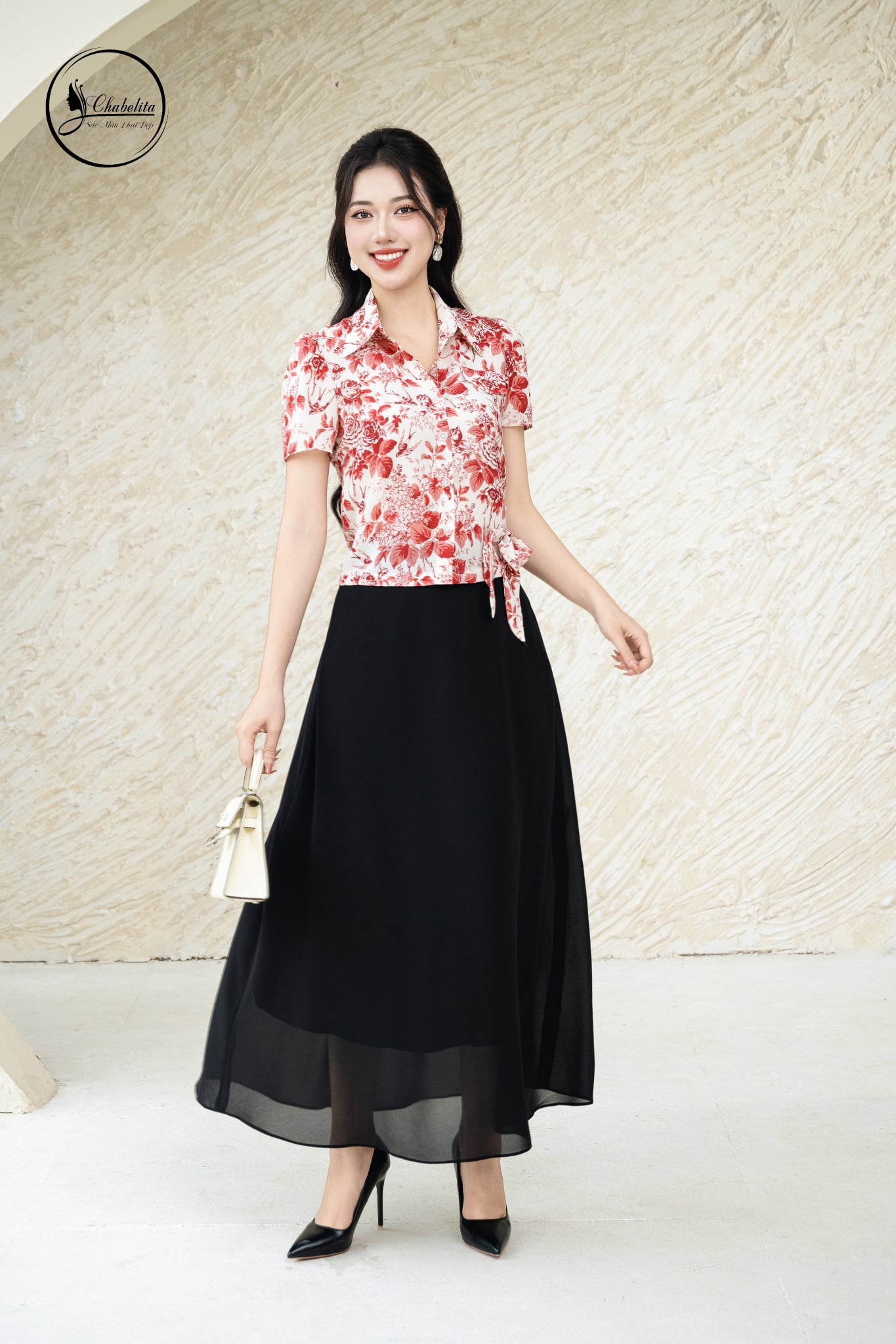 Sơ mi tay lỡ đính nơ hoa hồng