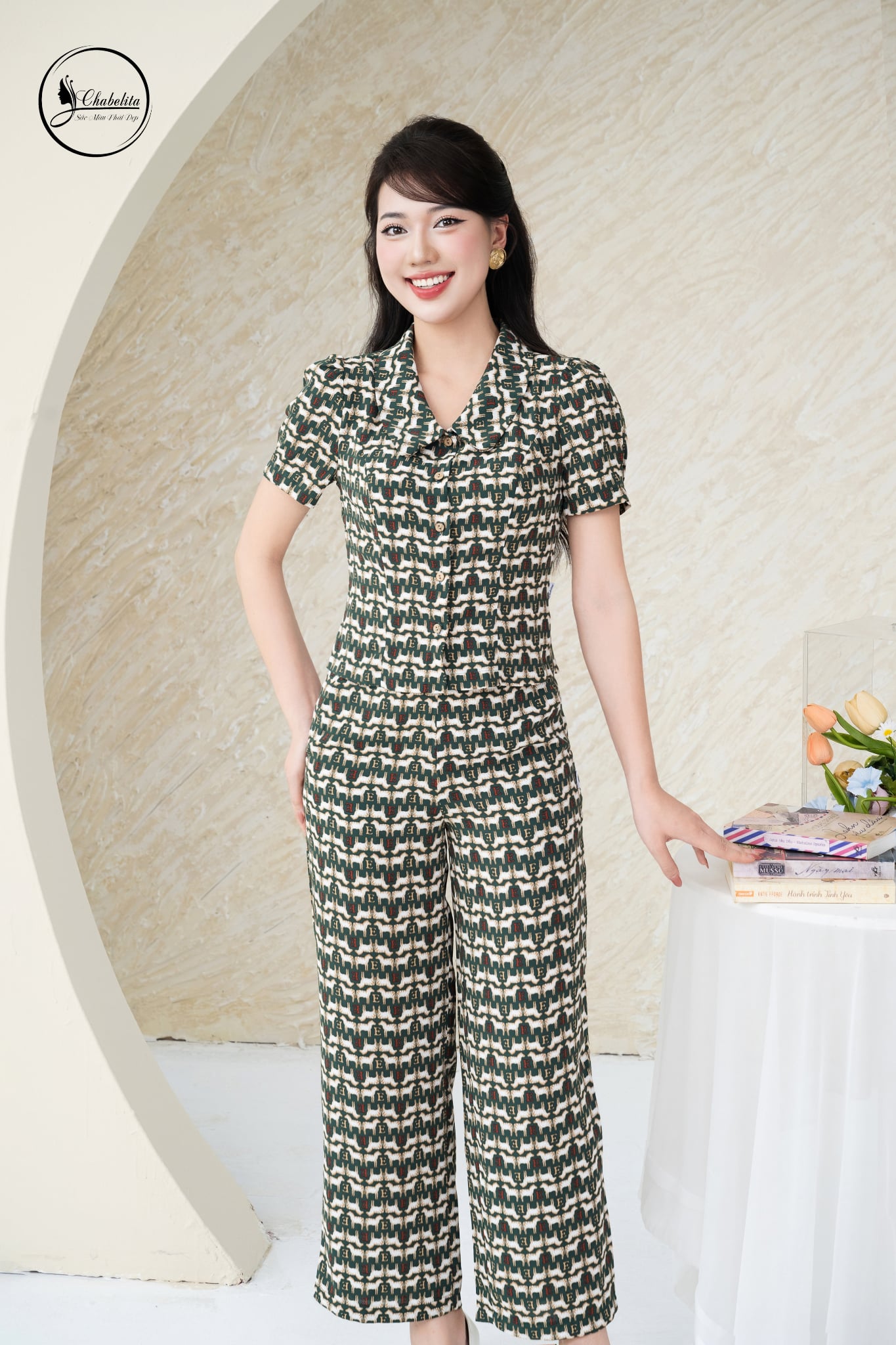 Sét bộ áo tay lỡ cổ sen xanh họa tiết