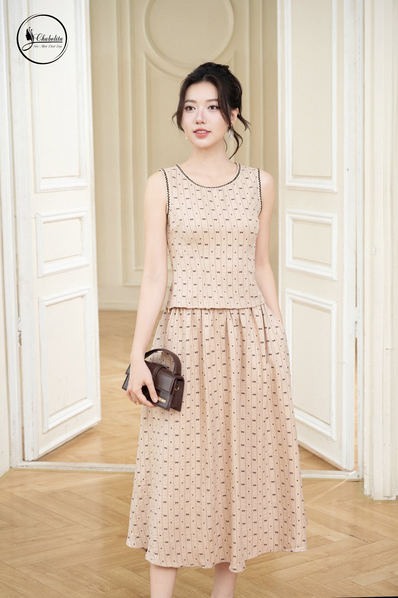 Sét bộ áo sát nách cổ tròn phối viền màu be