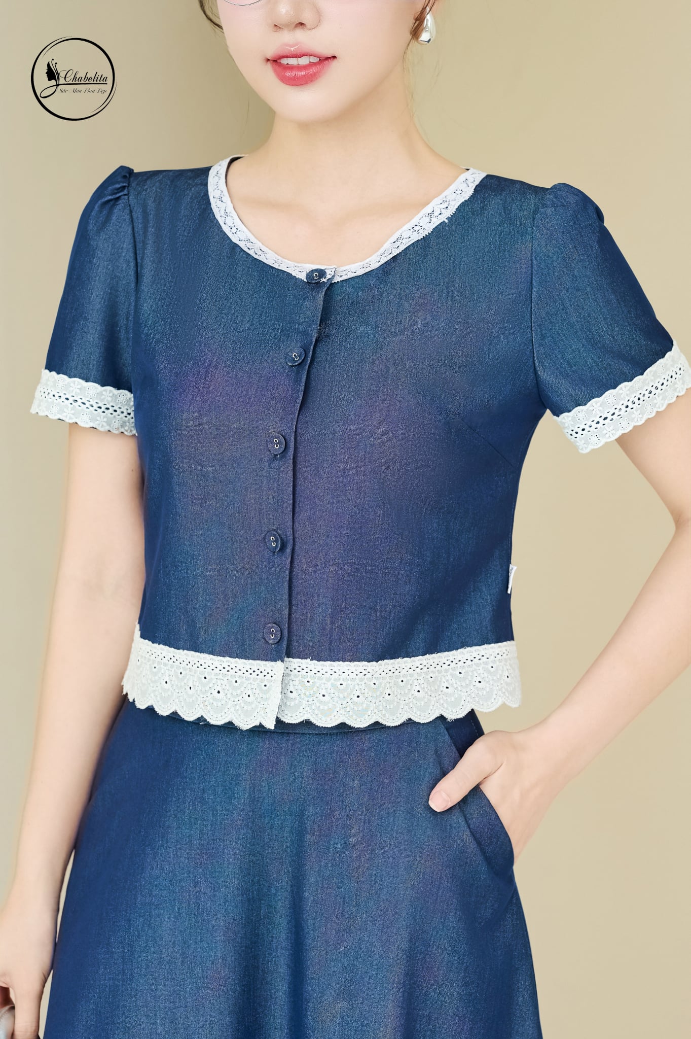 Sét bộ bò áo cổ tròn tay lỡ phối chân váy màu xanh than