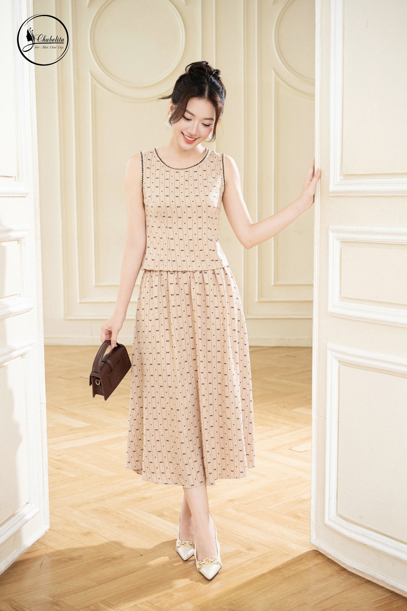 Sét bộ áo sát nách cổ tròn phối viền màu be