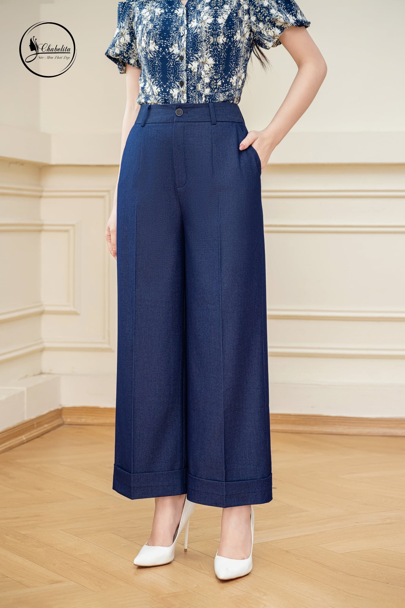 Quần suông gấu lơ vê màu bò xanh