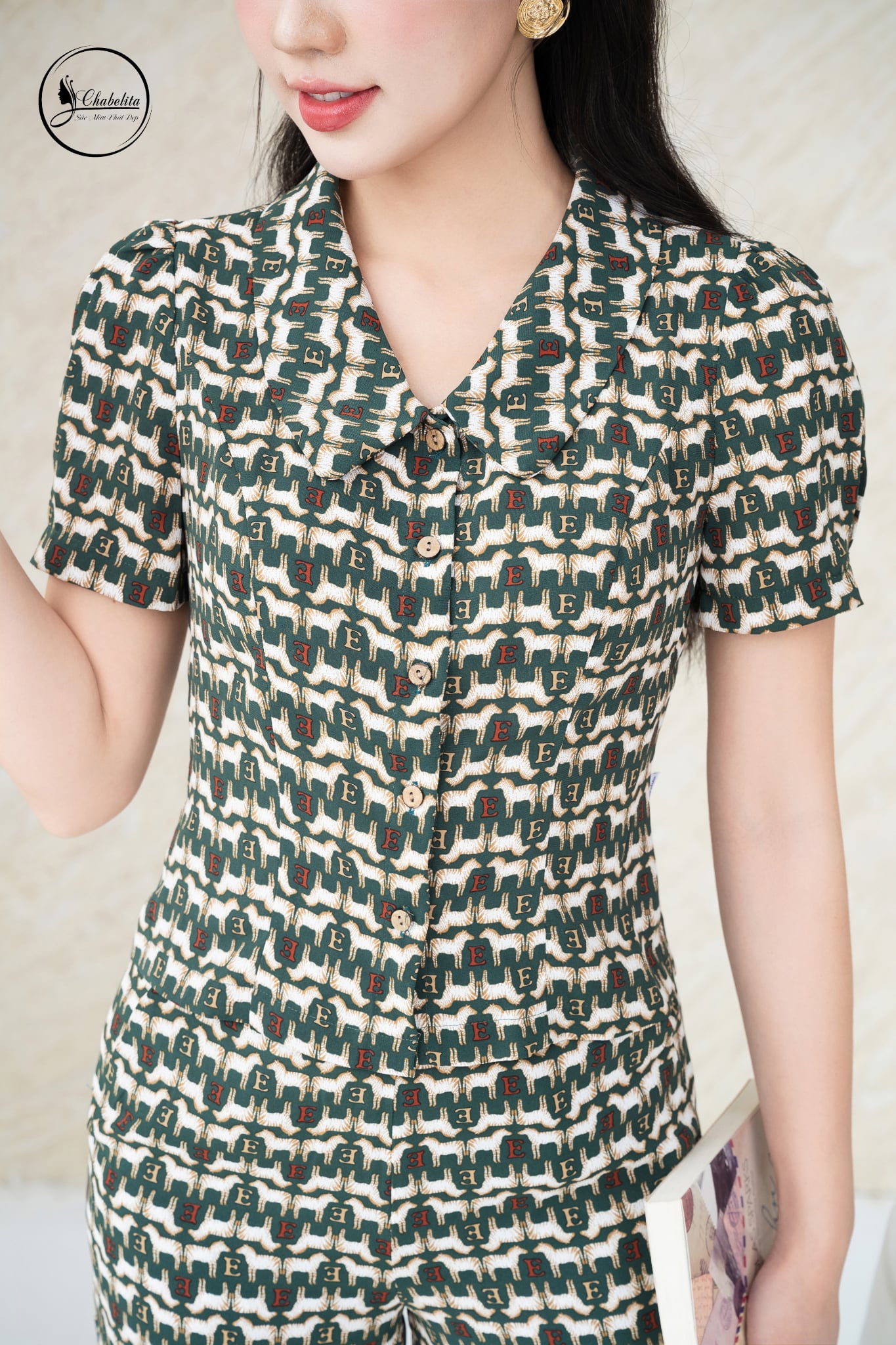 Sét bộ áo tay lỡ cổ sen xanh họa tiết