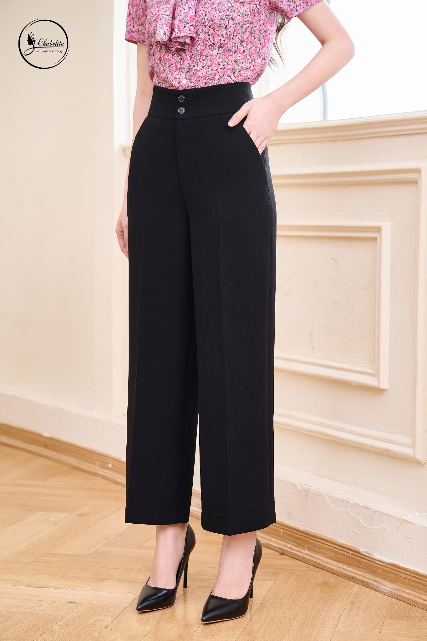 Quần suông cạp cách điệu màu đen