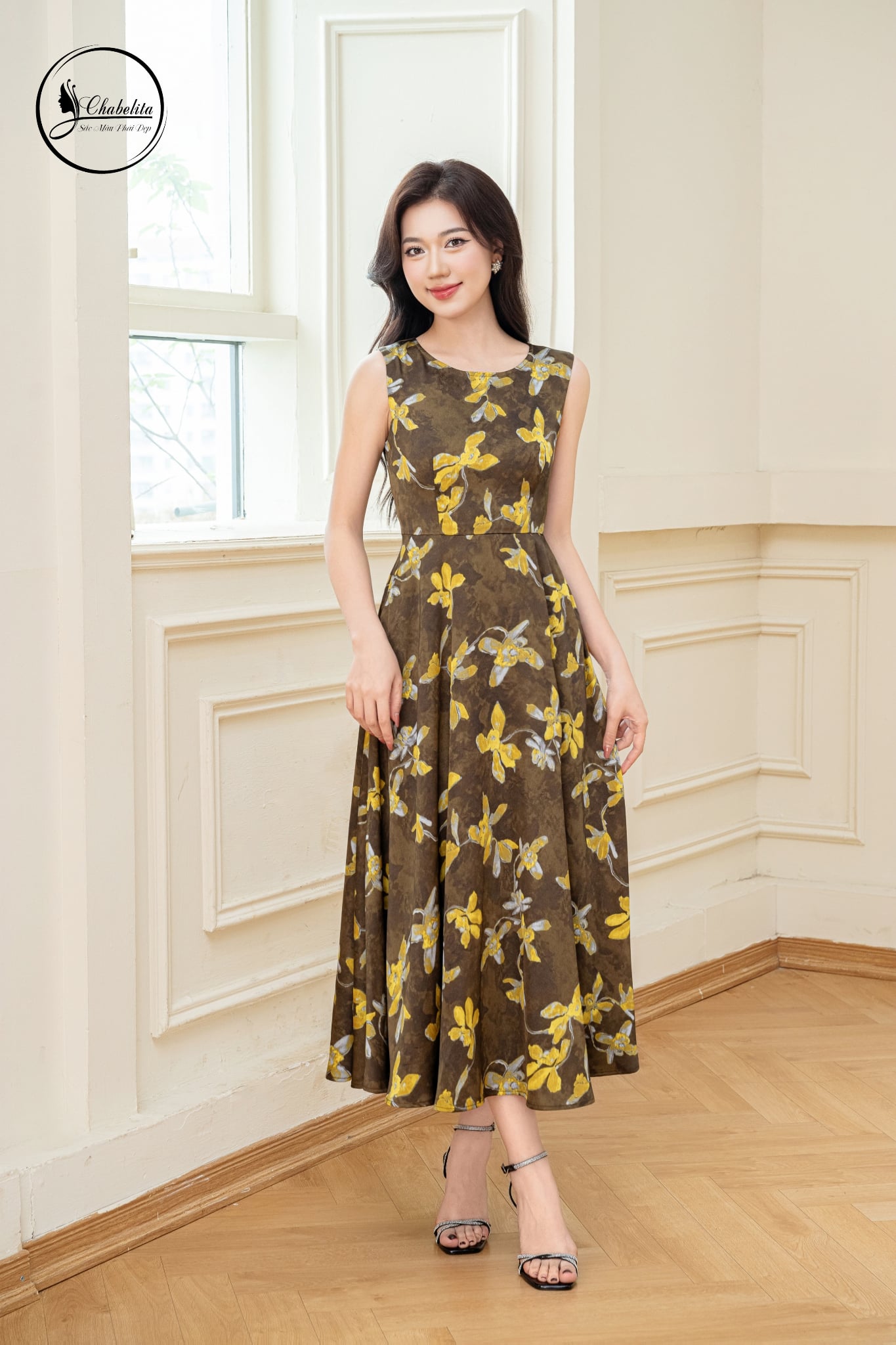 Đầm xòe sát nách màu vàng rêu